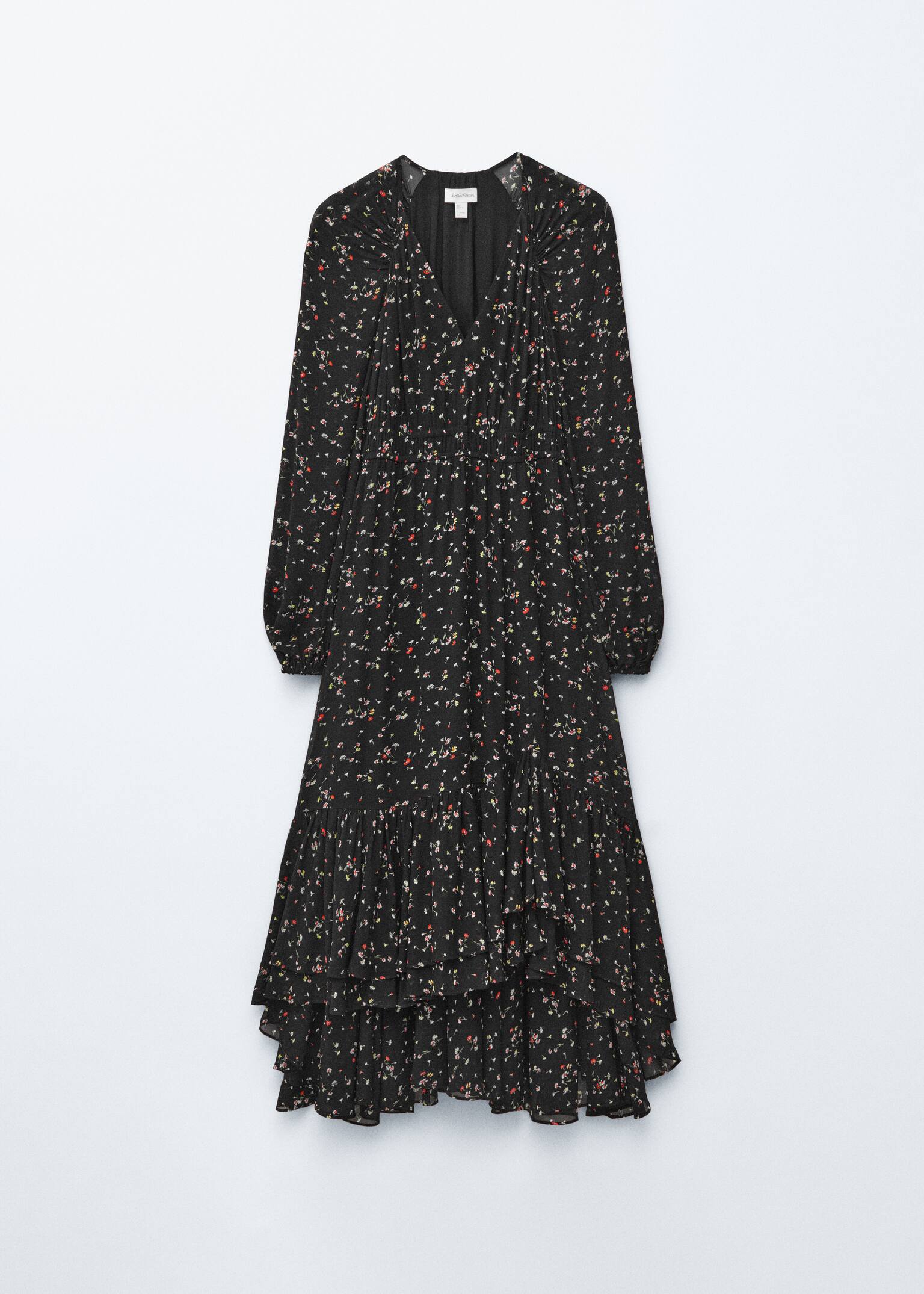 Maxi šaty s dlhými rukávmi a volánmi - Čierna/kvetinová - 2