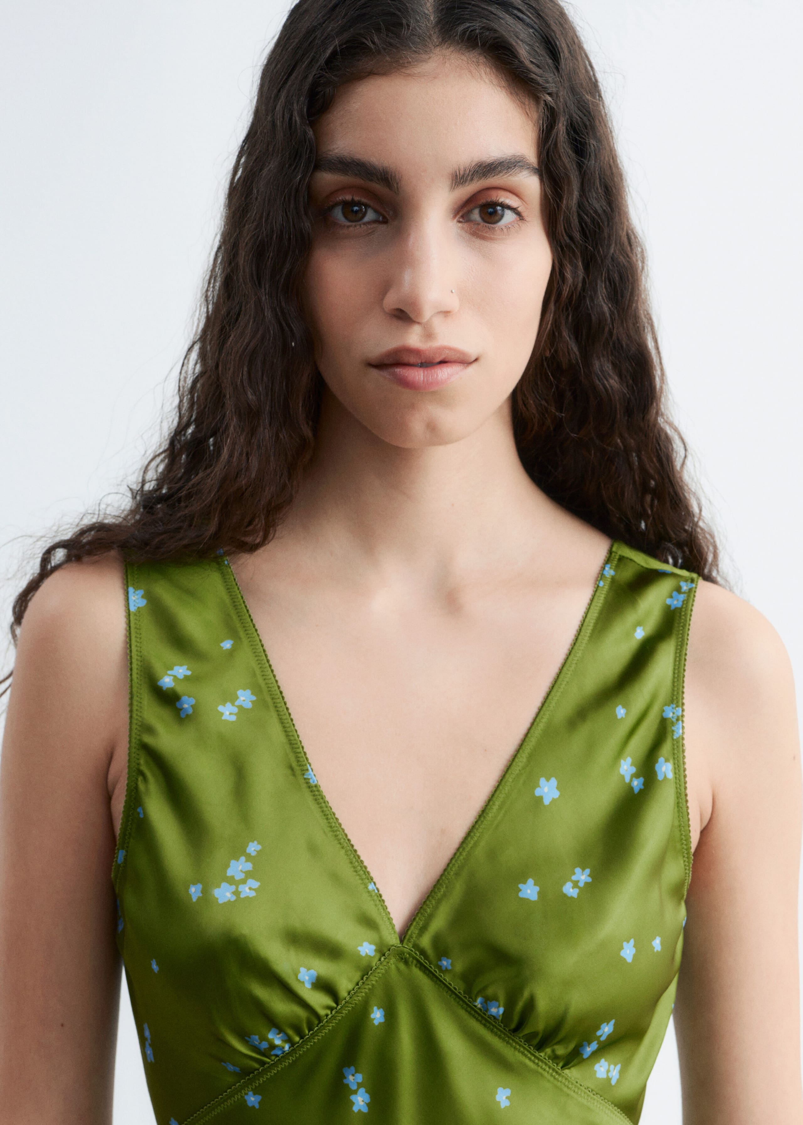 Floral V-Neck Midi Dress - Green/Blue Florals - Lookbook