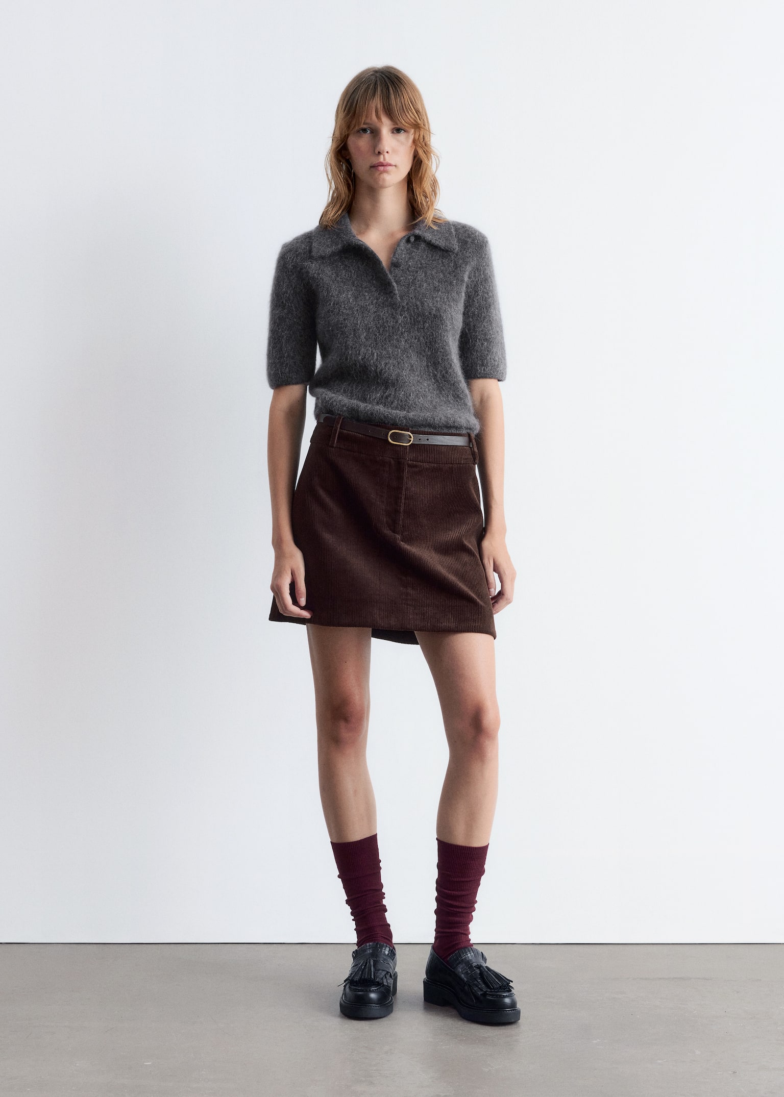 Brushed Knit Polo T-Shirt - Dark Grey/Dark Brown - 5