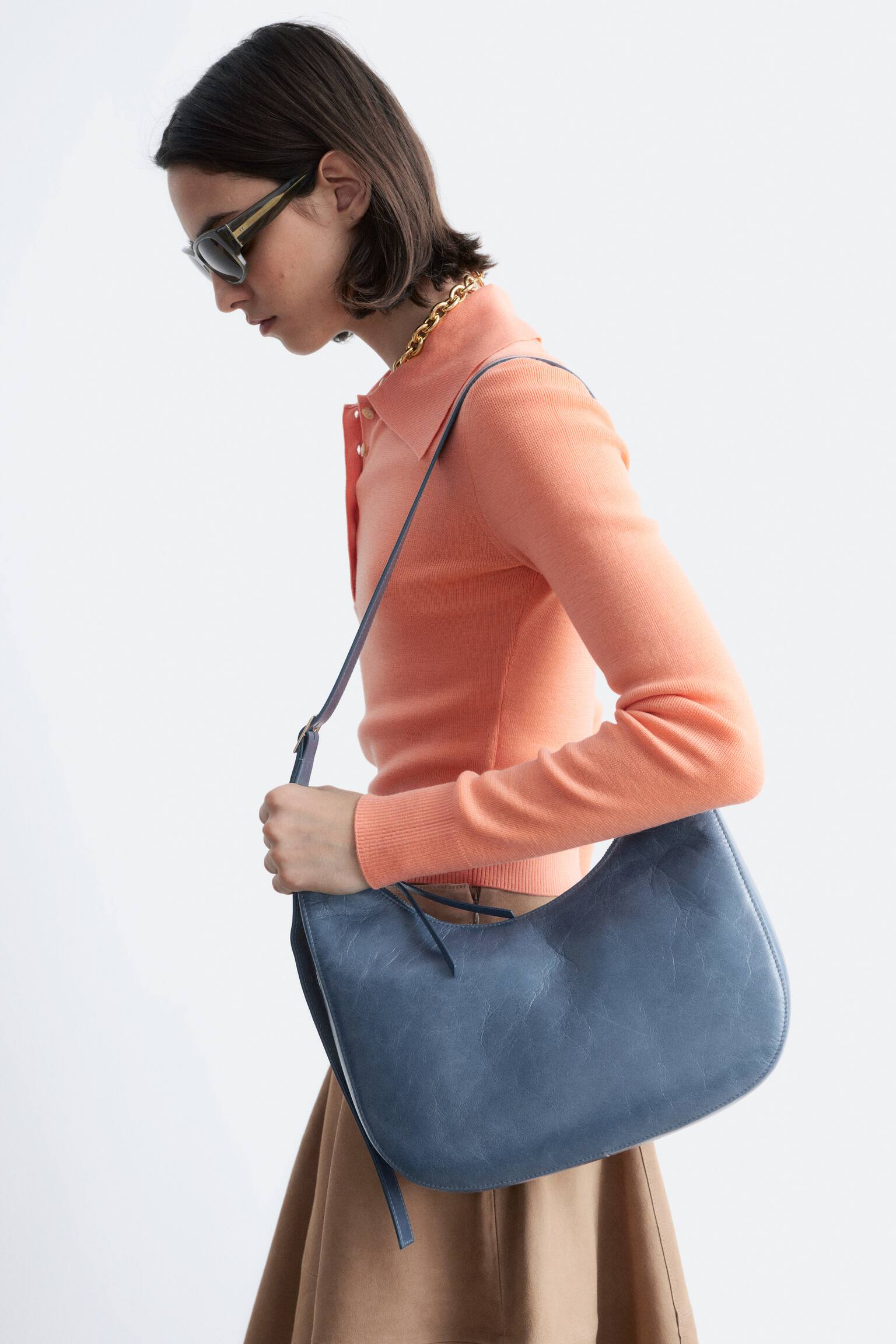 Rippstrick-Poloshirt aus Merinowolle - Pfirsich/Grau meliert/Dunkelbraun - 4