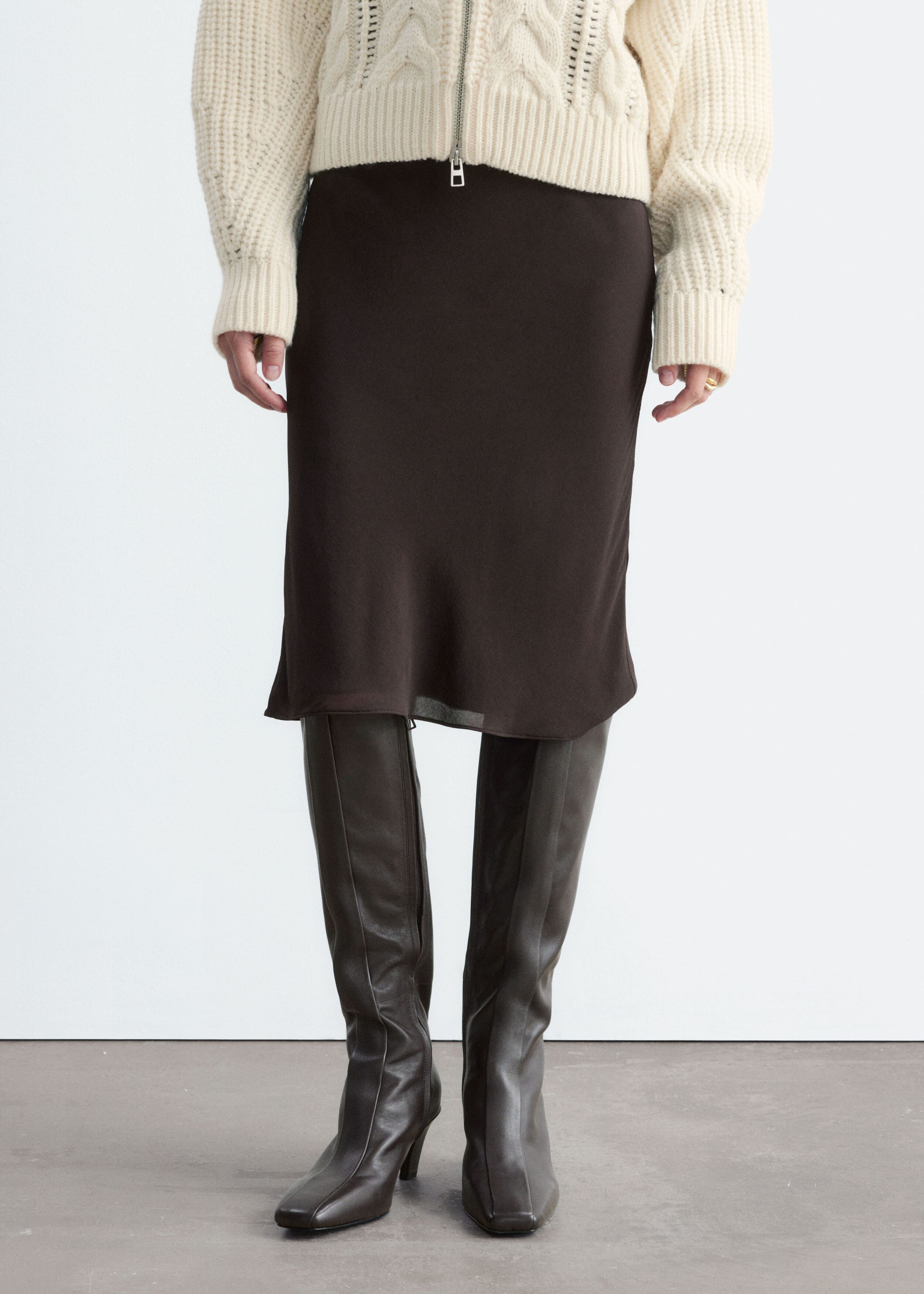 Knee-Length Slip Skirt - Dark Brown - Lookbook