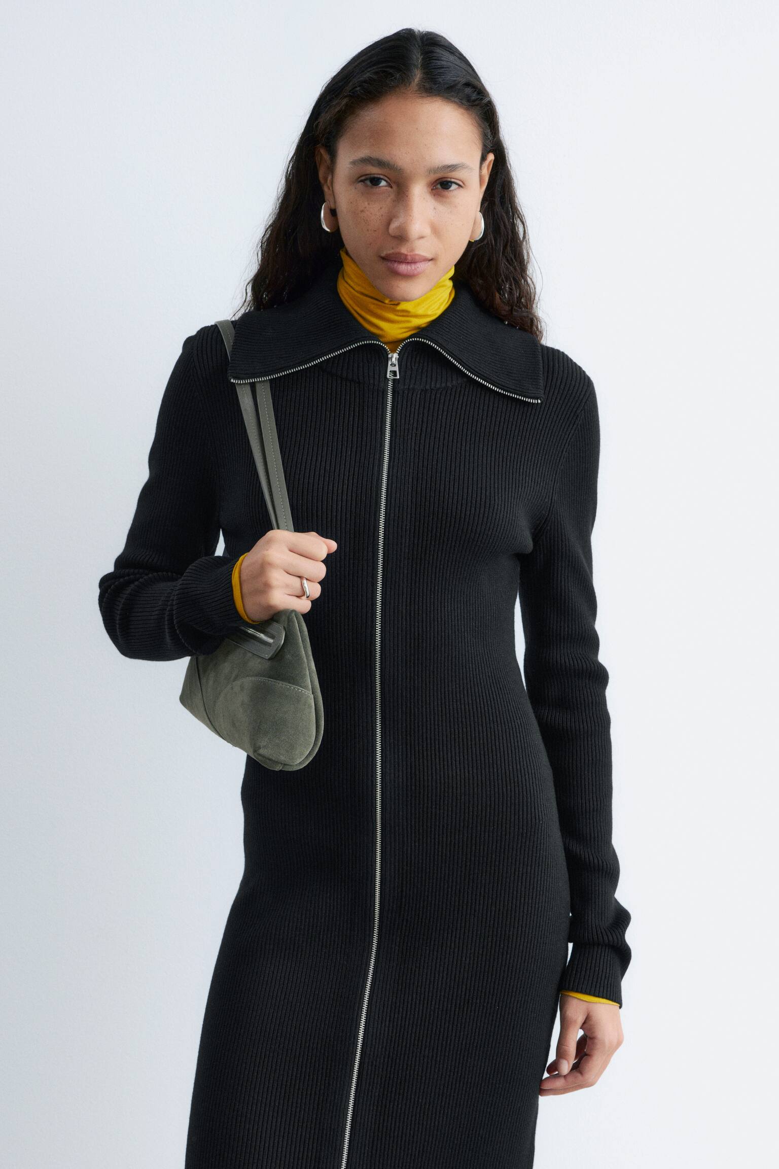 Abito midi a coste con zip - Nero - 6