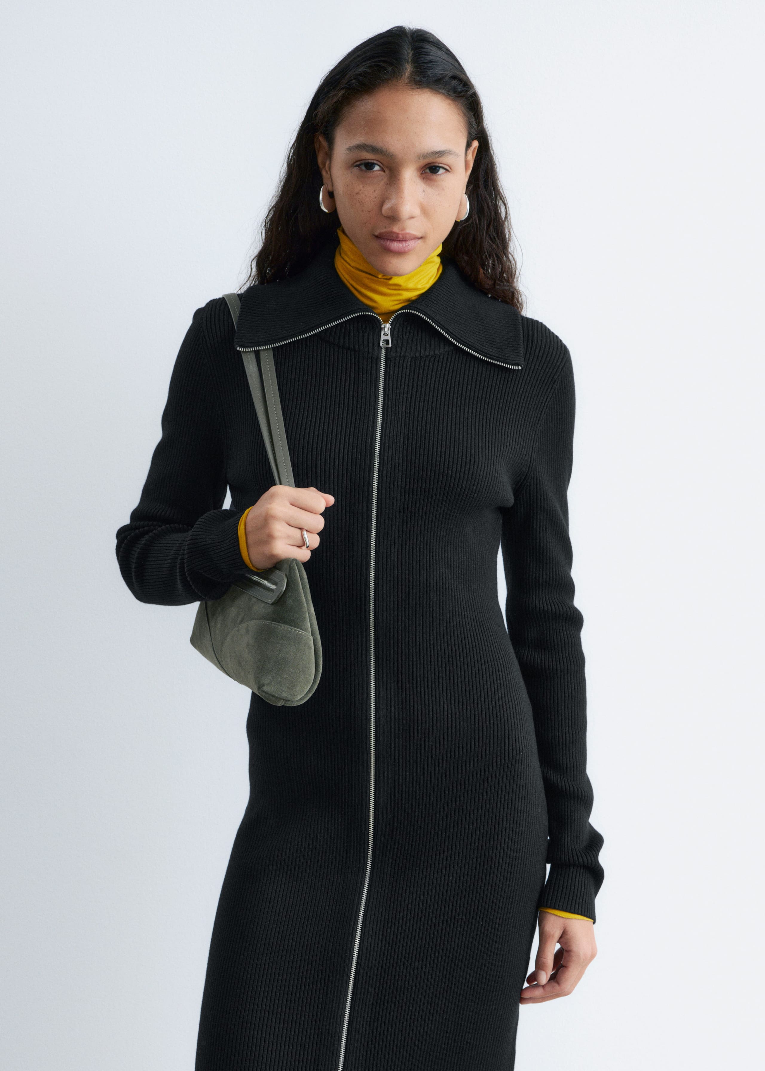 Image of Ribbed Zip-Front Midi Dress