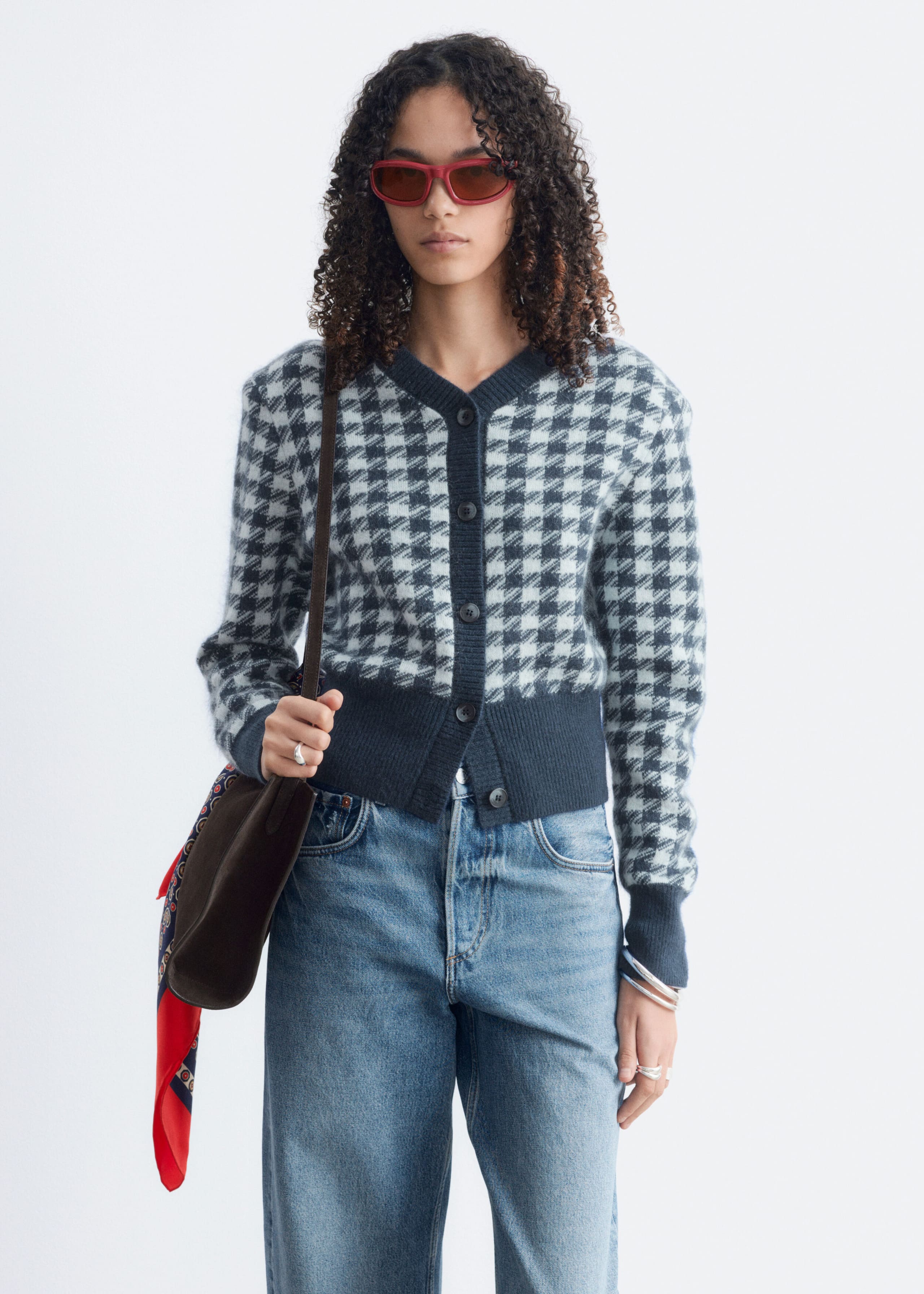 Mohair-Blend Jacquard Cardigan - Turquoise/Navy Houndstooth - Still Life
