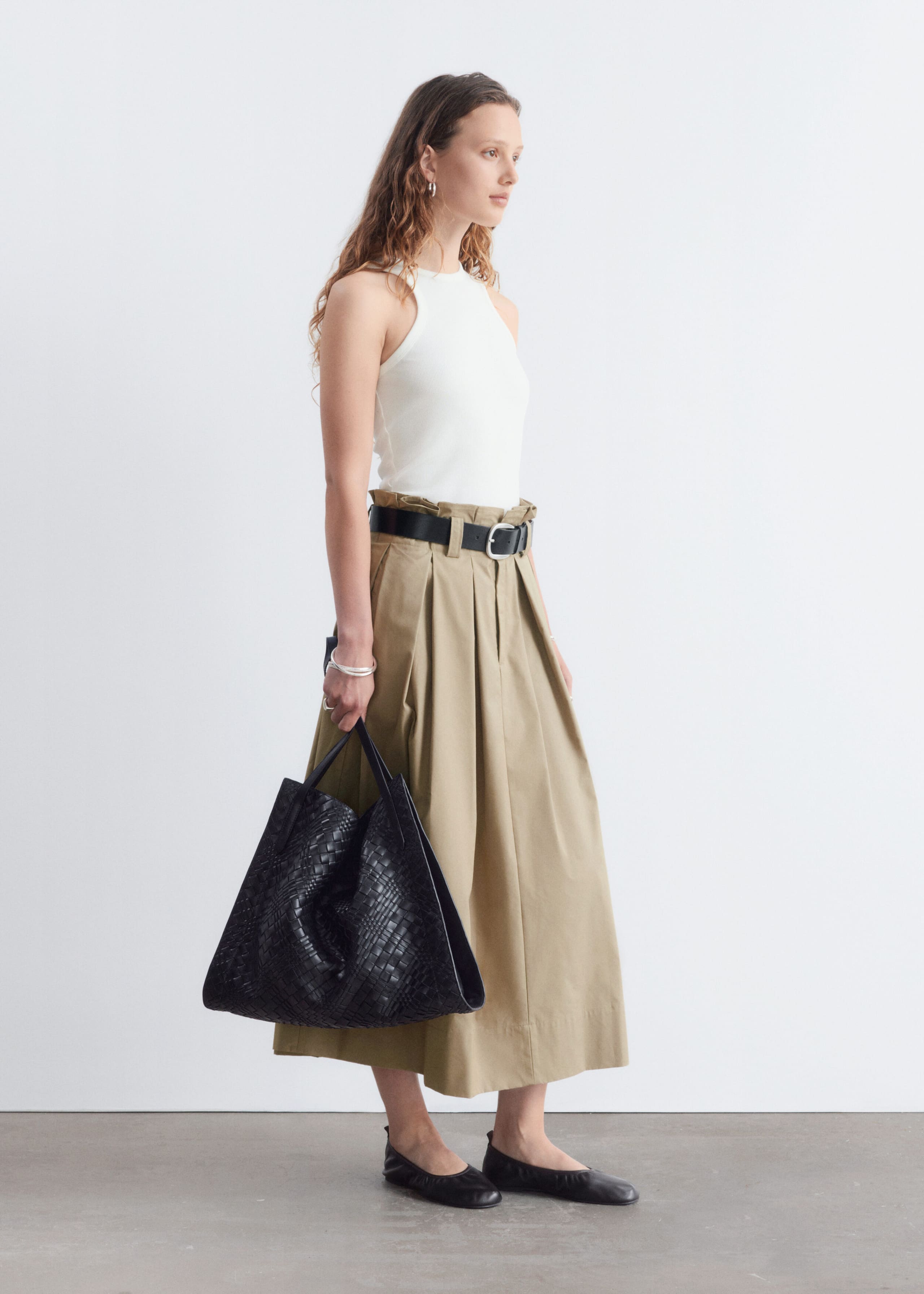 Pleated Midi Skirt - Beige - Lookbook