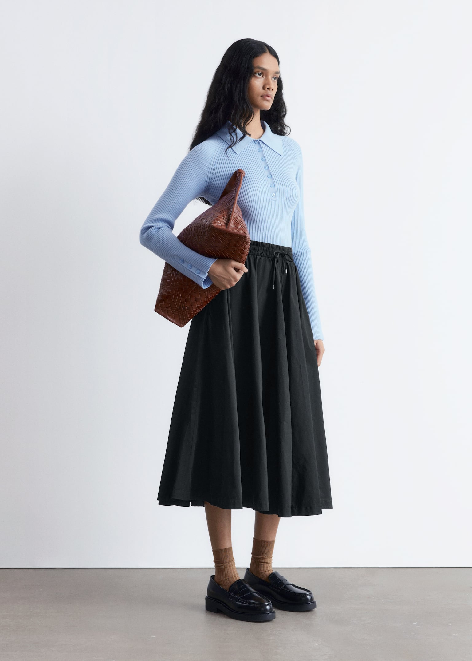 Rib-Knit Polo Shirt - Light Blue/Caramel Brown/Dark Brown - 5