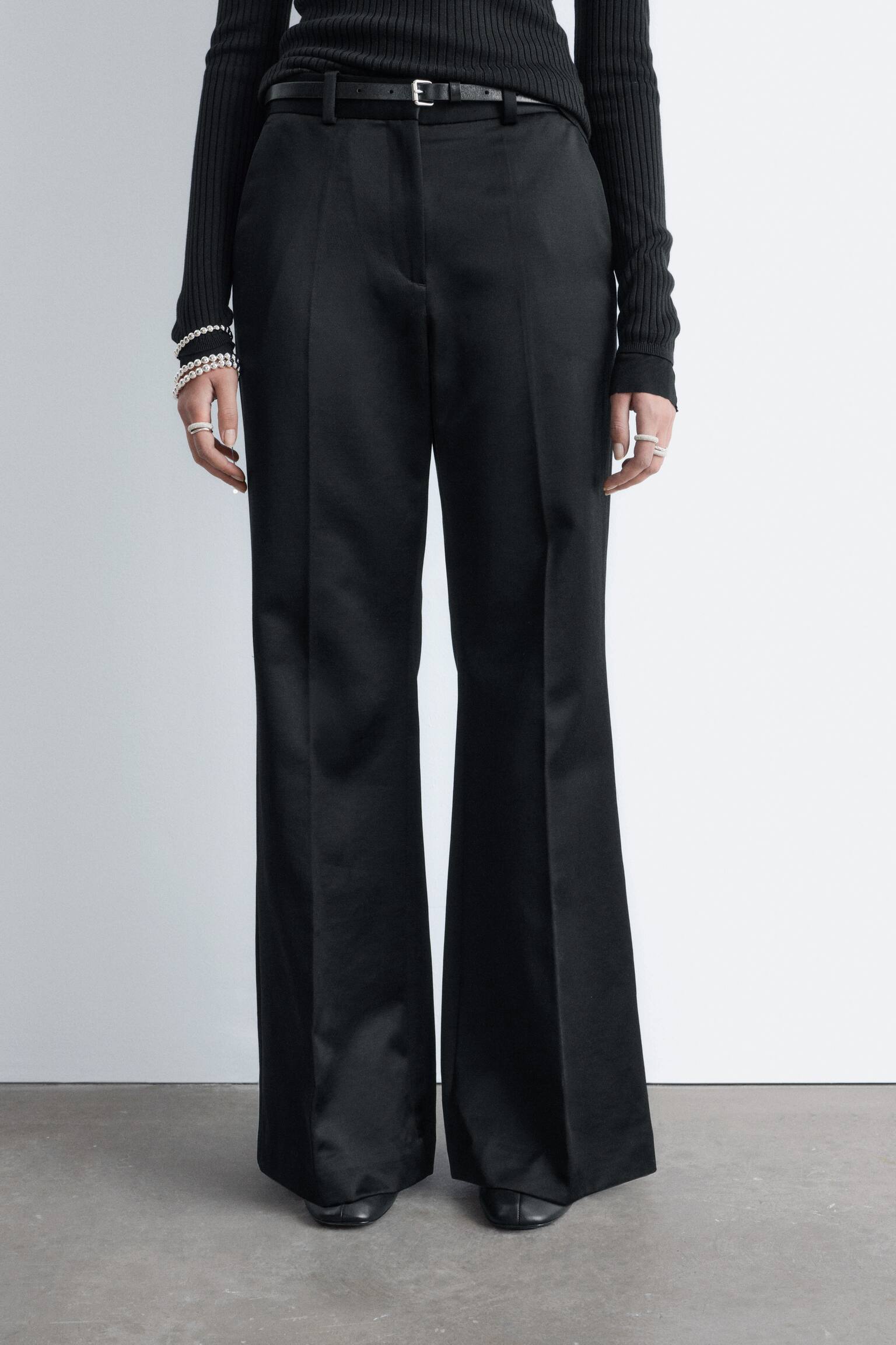 Pantalon évasé à plis marqués - Noir/Beige - 3