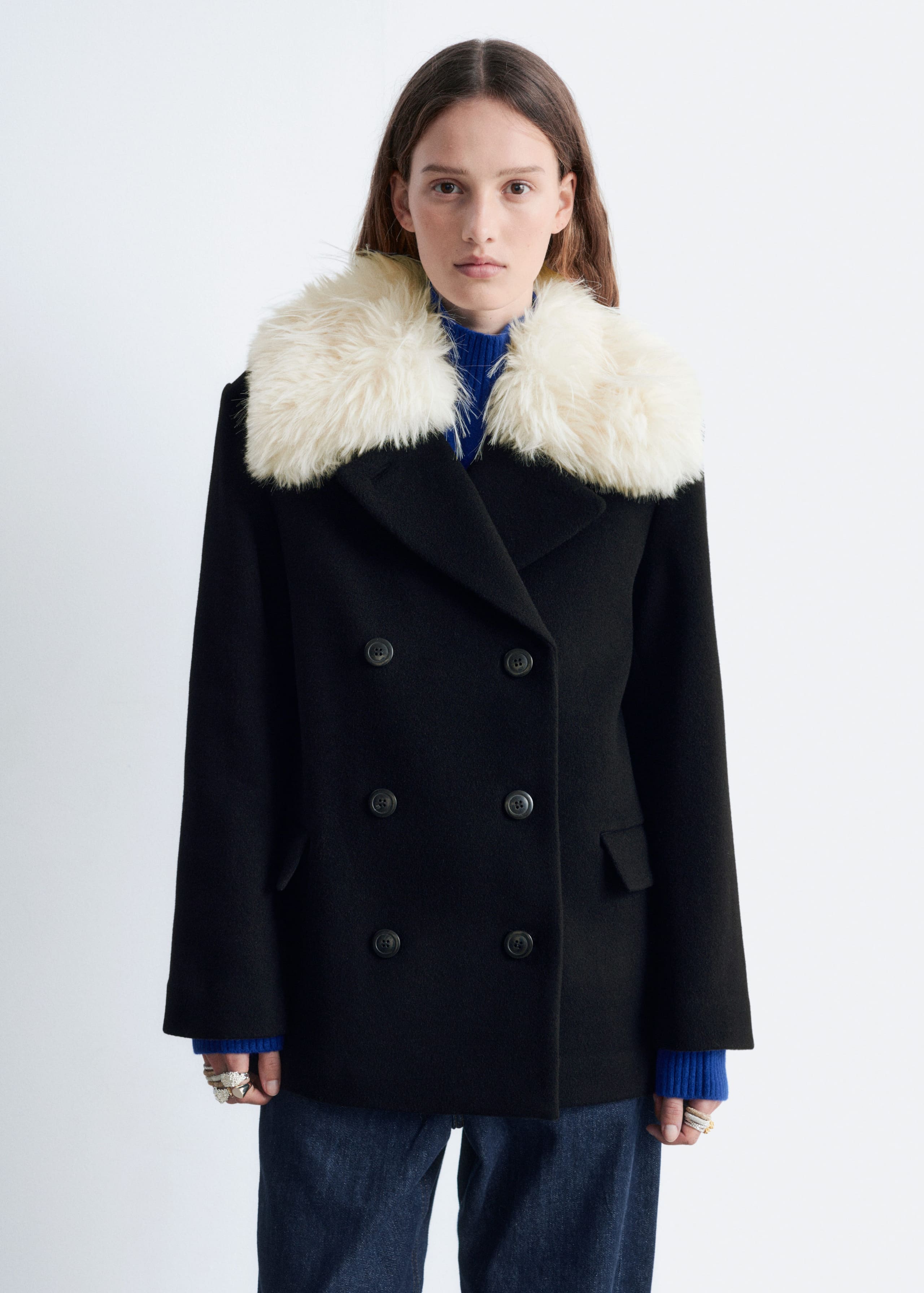 Image of Short Fur-Collar Wool Coat