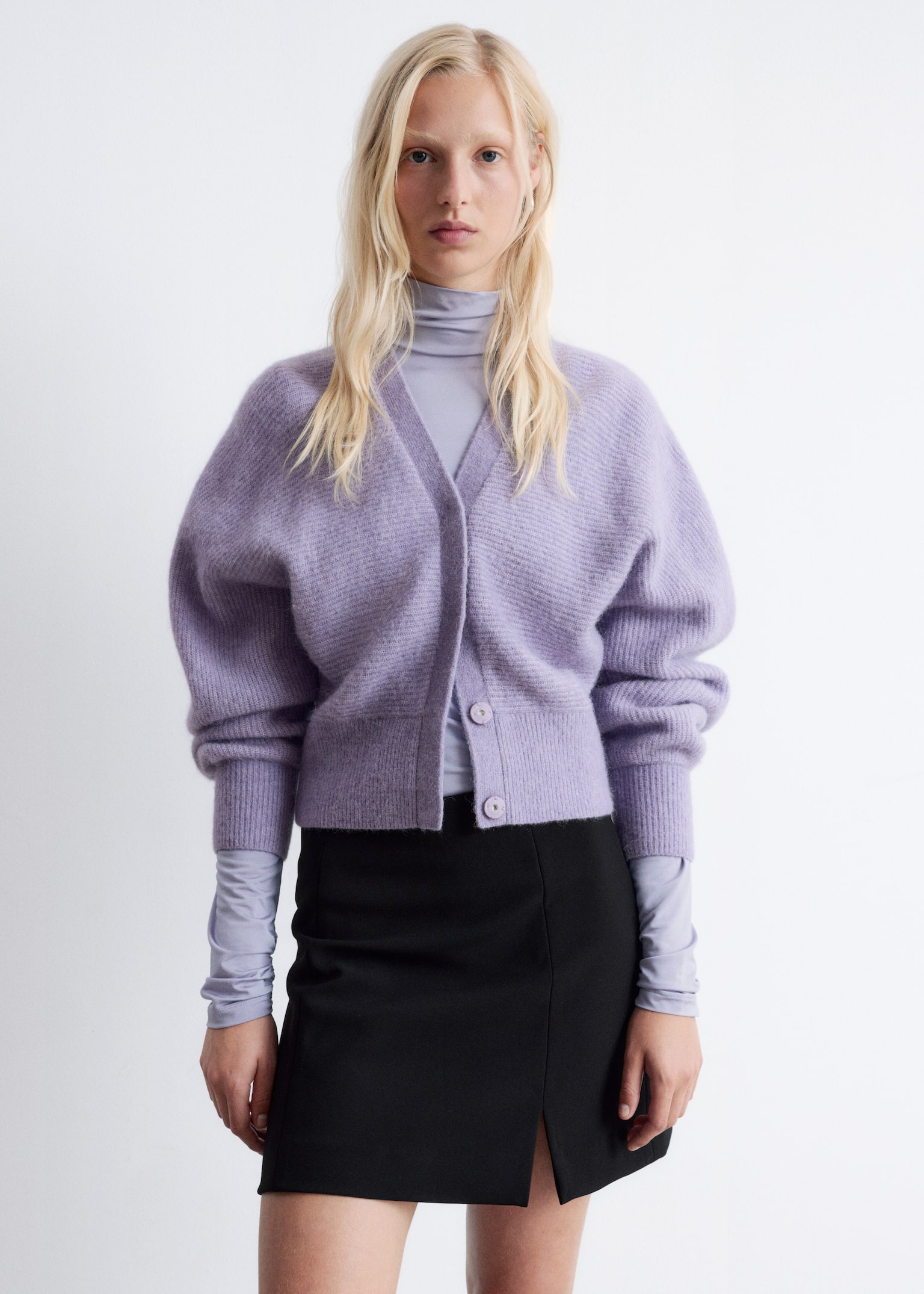Cardigan cropped in misto alpaca - Viola chiaro/Marrone