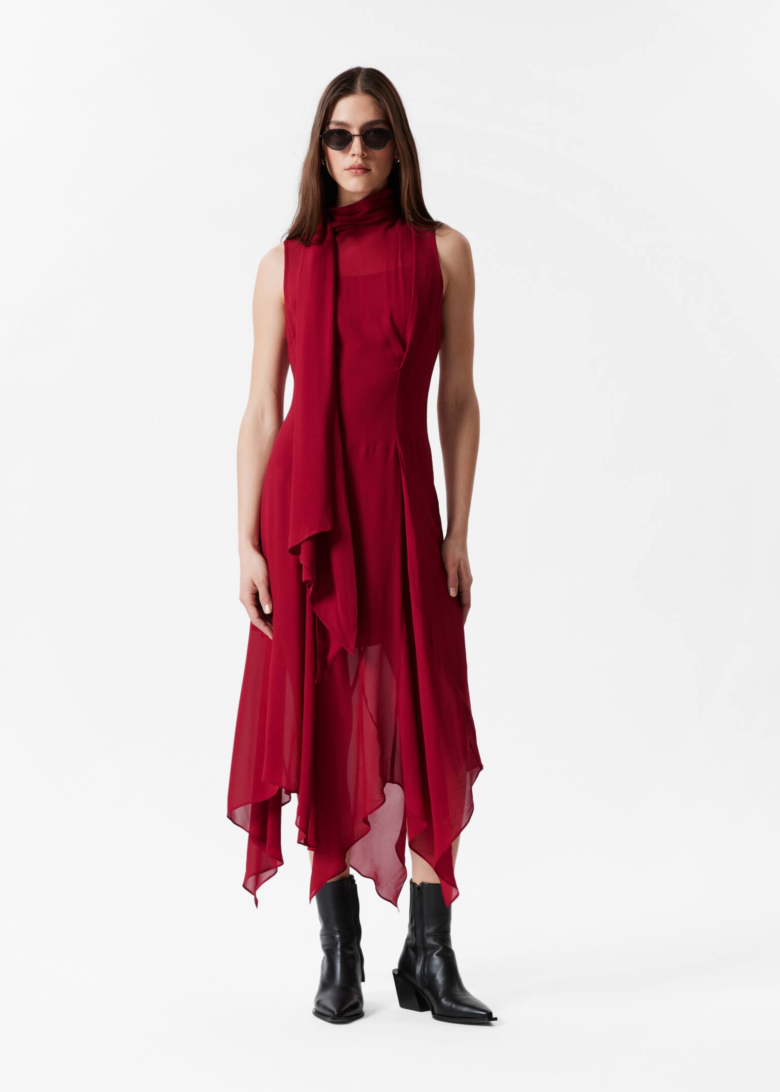 Rochie midi cu detaliu eșarfă - Roșu închis