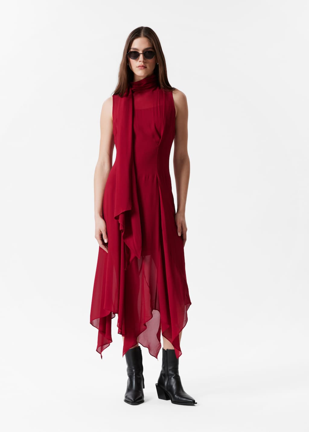 Scarf-Detail Midi Dress - Dark Red - Lookbook