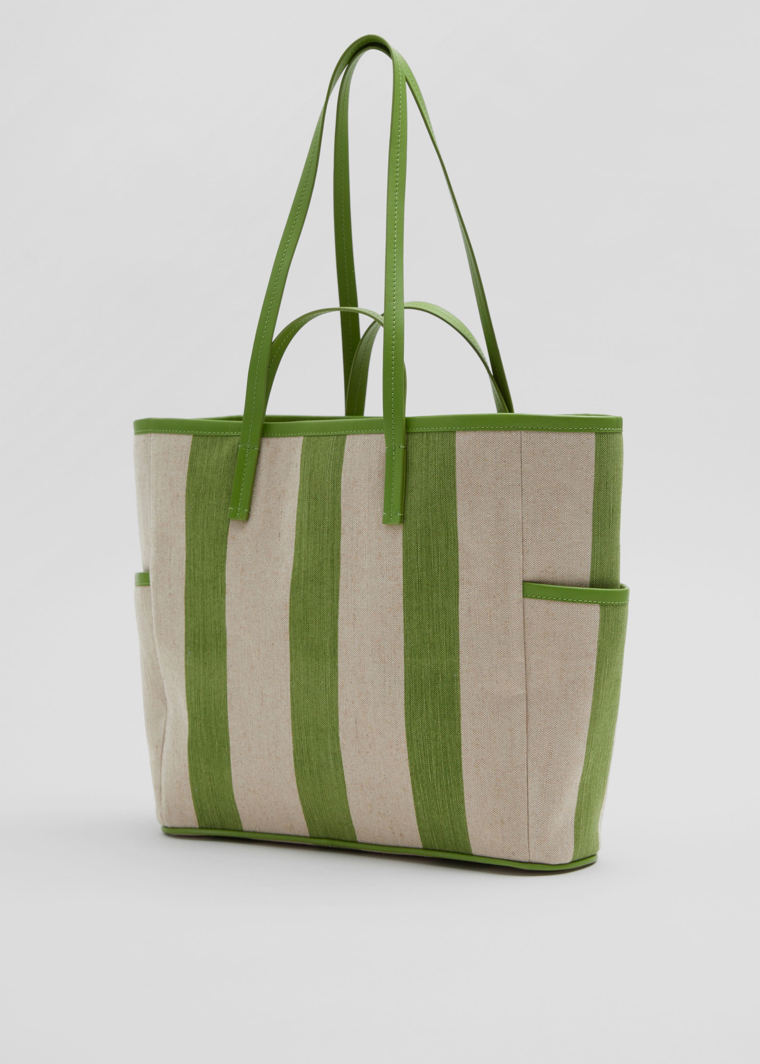 Large Leather Trimmed Canvas Tote - Ecru/Green - Natura morta