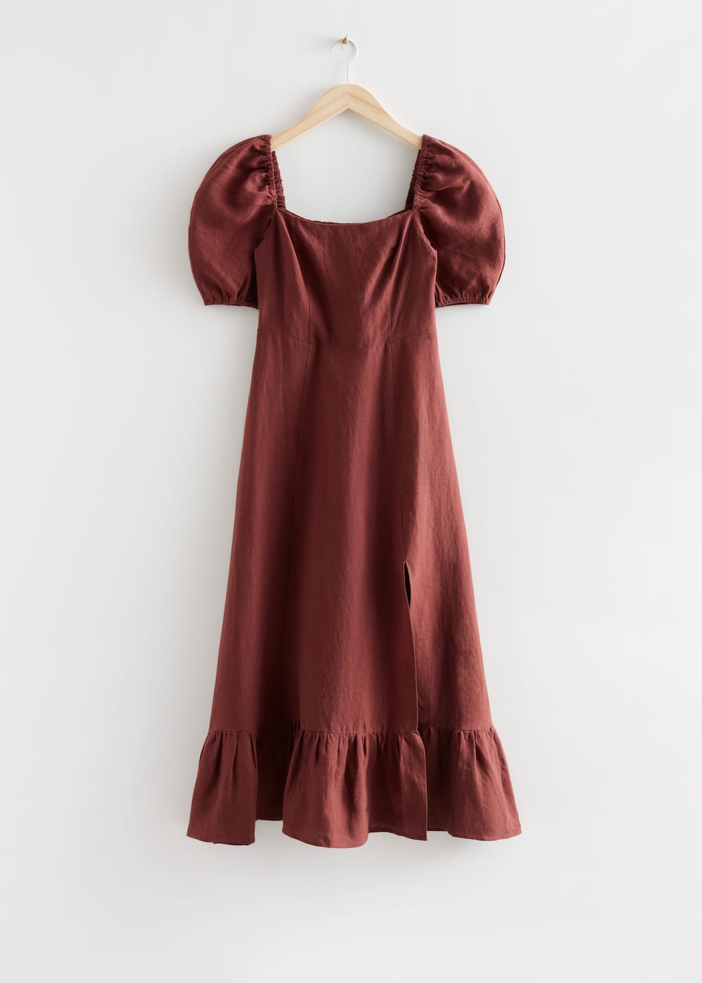 Linen Puff Sleeve Midi Dress - Brown - Still Life