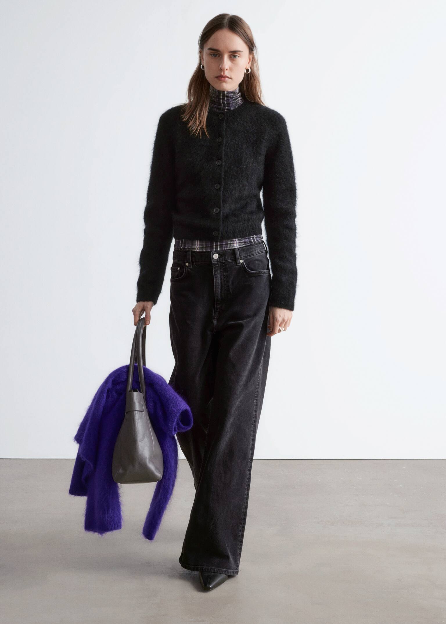 Cardigan i børstet mohairblend - Sort/Kamel/Fersken - 6