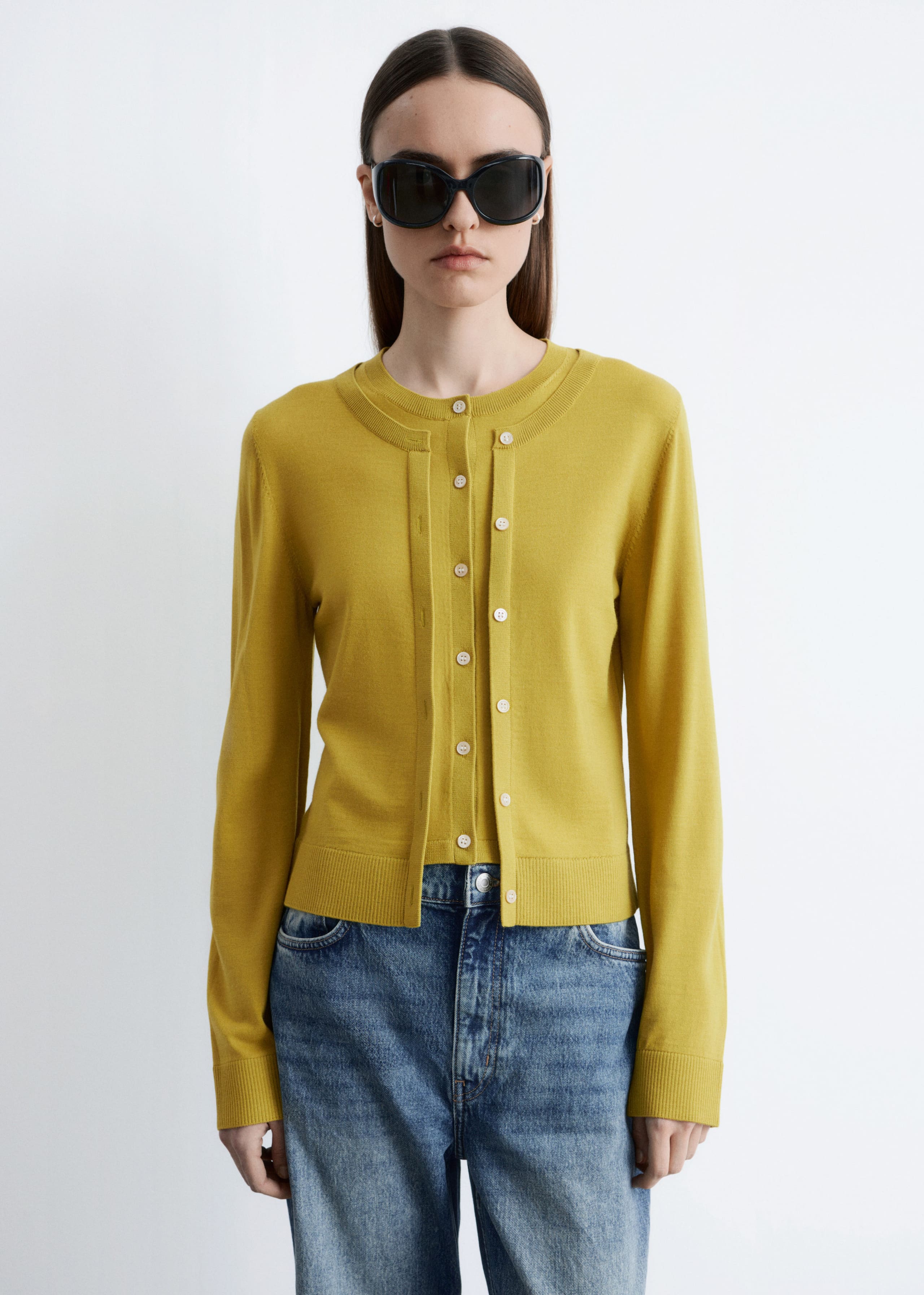 Double-Layer Wool Cardigan - Mustard Yellow - Lookbook