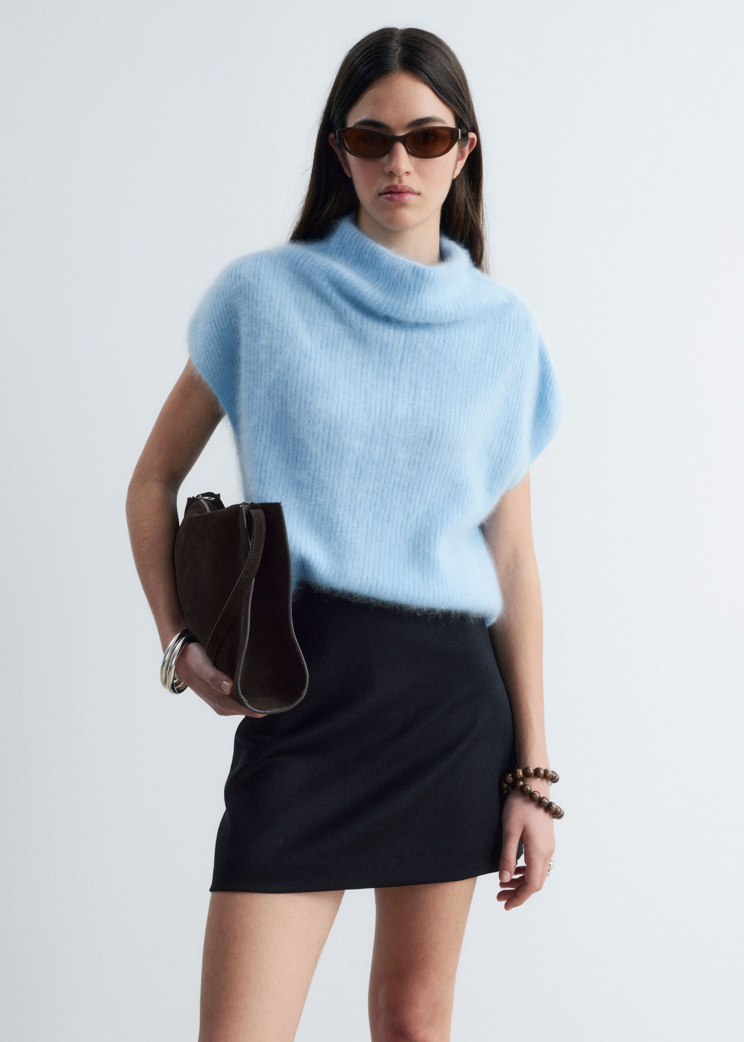 Cashmere Rib Mock Neck Top - Light Blue - Lookbook