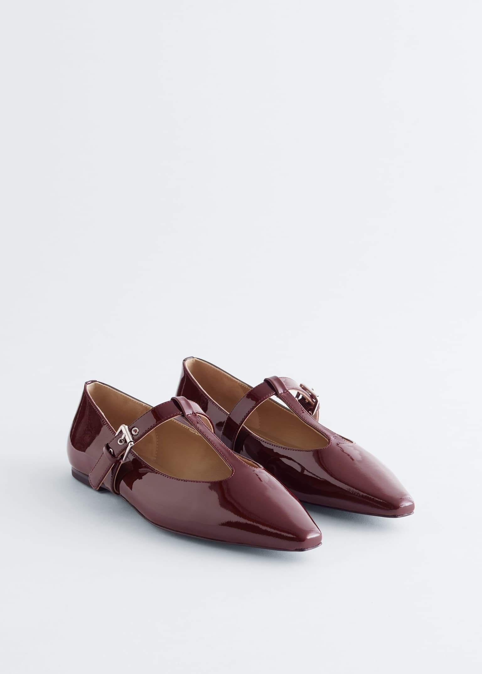 Ballerinasko i læder med T-rem - Bordeaux lak/Sort - 5