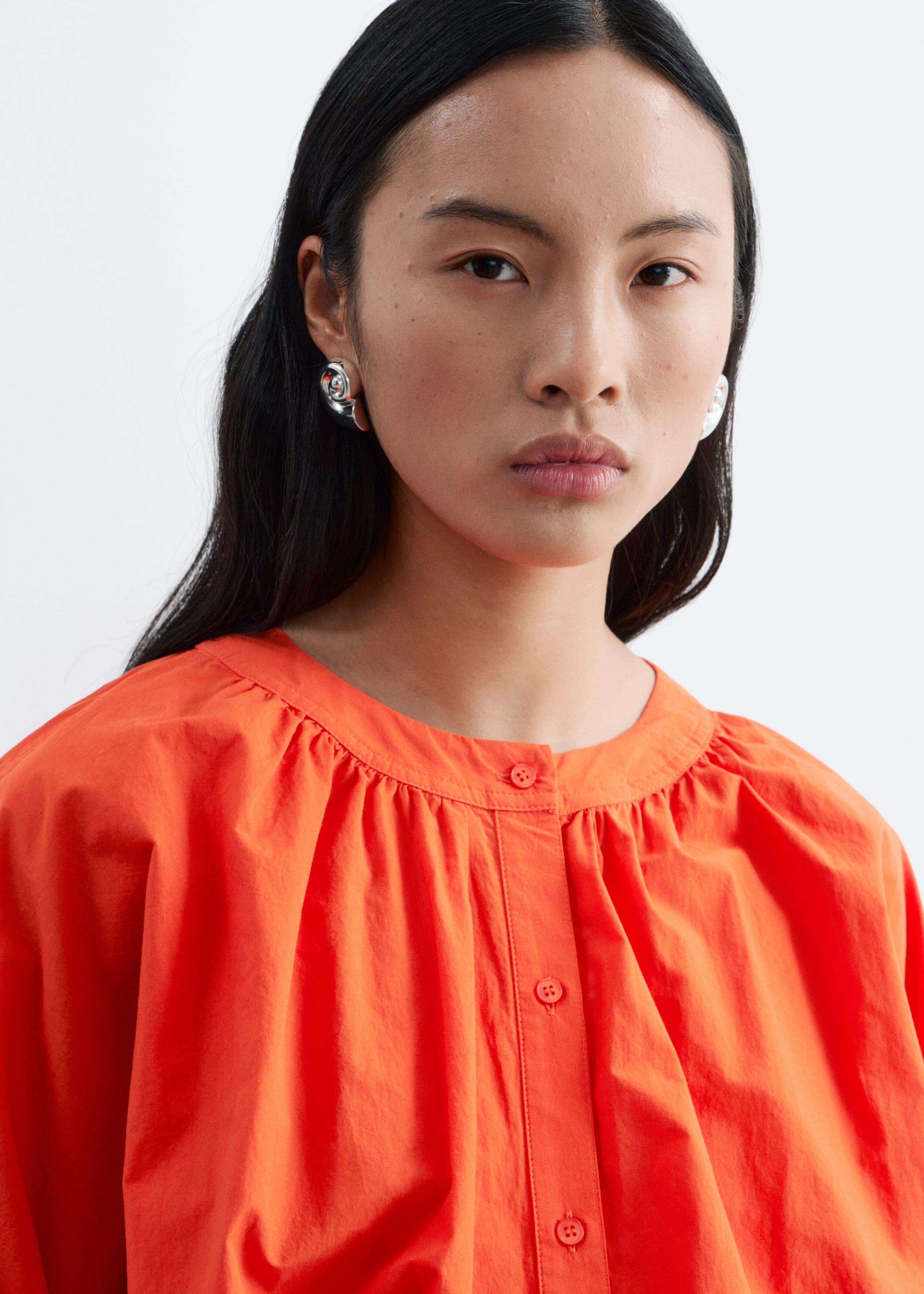 Gathered Cropped Blouse - Bright Orange - Lookbook