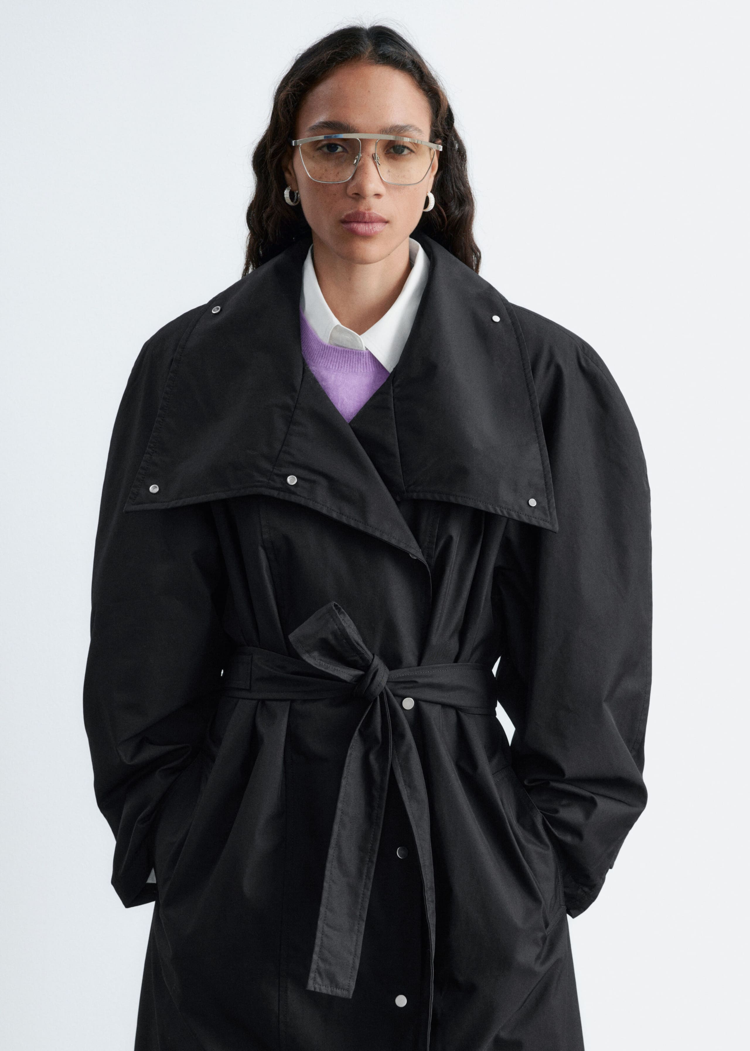 Bold-Shoulder Belted Coat - Black - Lookbook