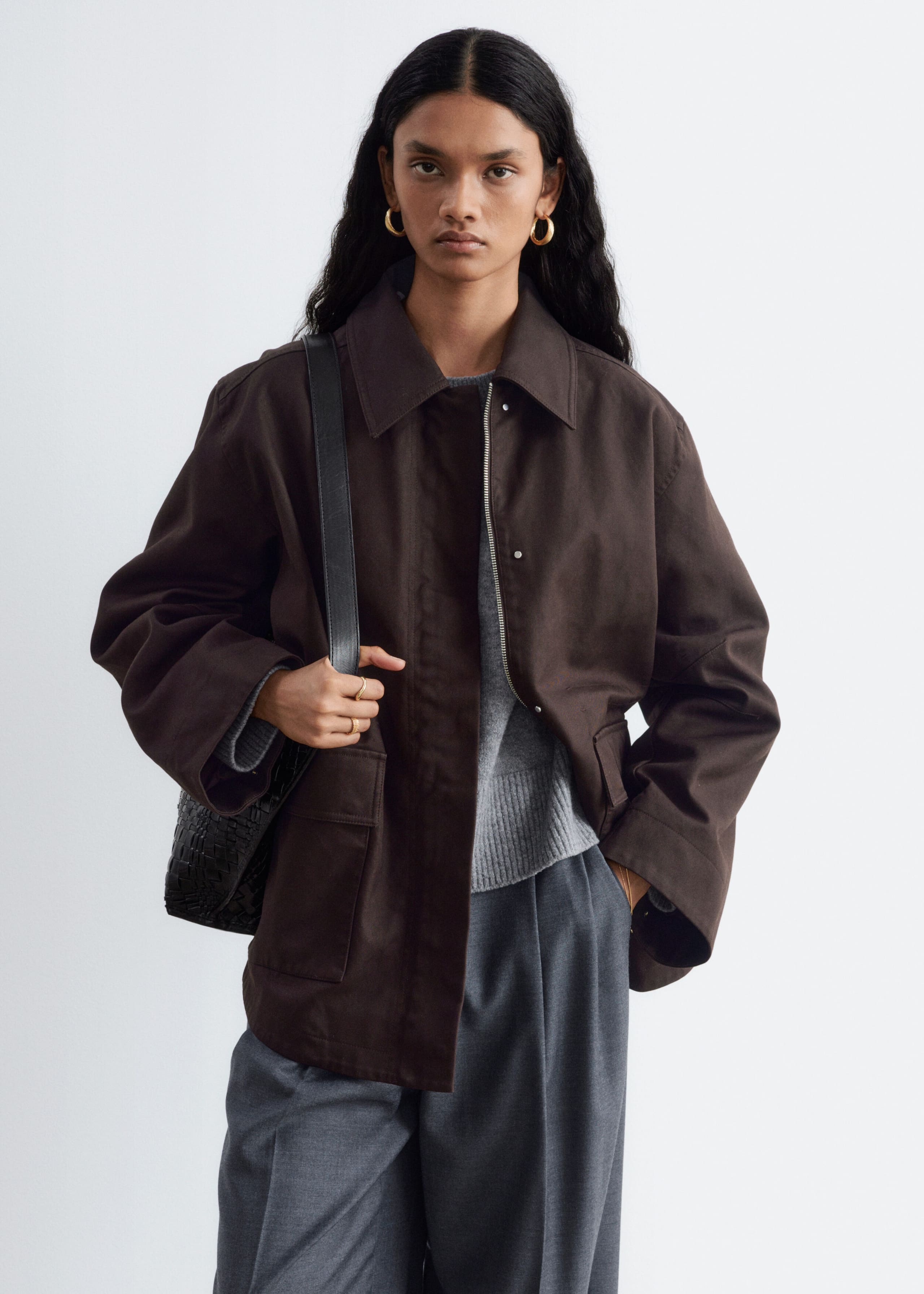 Oversized Drawstring Utility Jacket - Dark Brown - Still Life