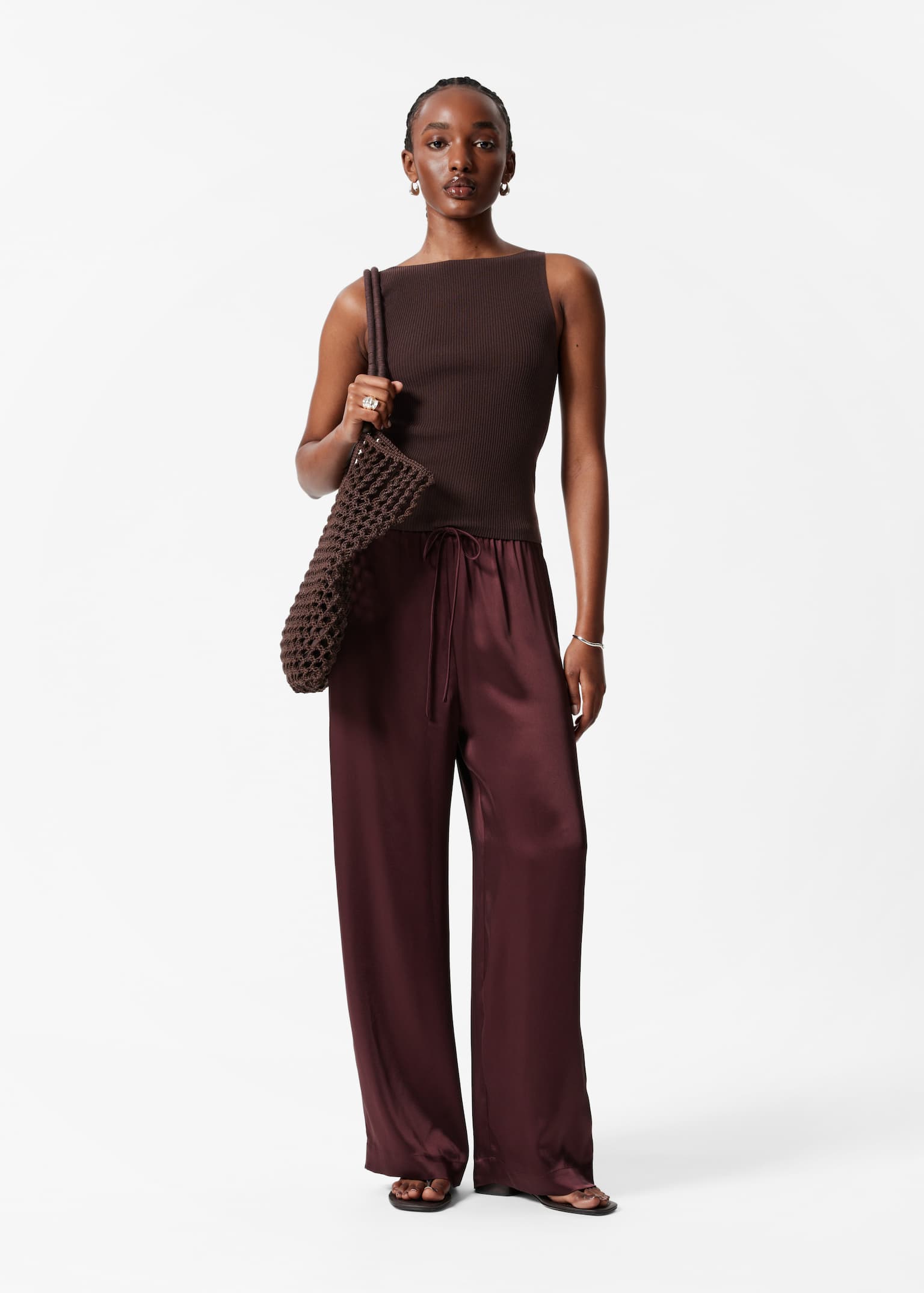 Drawstring Satin Trousers - Tmavě červená/Khaki zelená/Tmavě hnědá/Hnědý/béžový vzor/Béžová