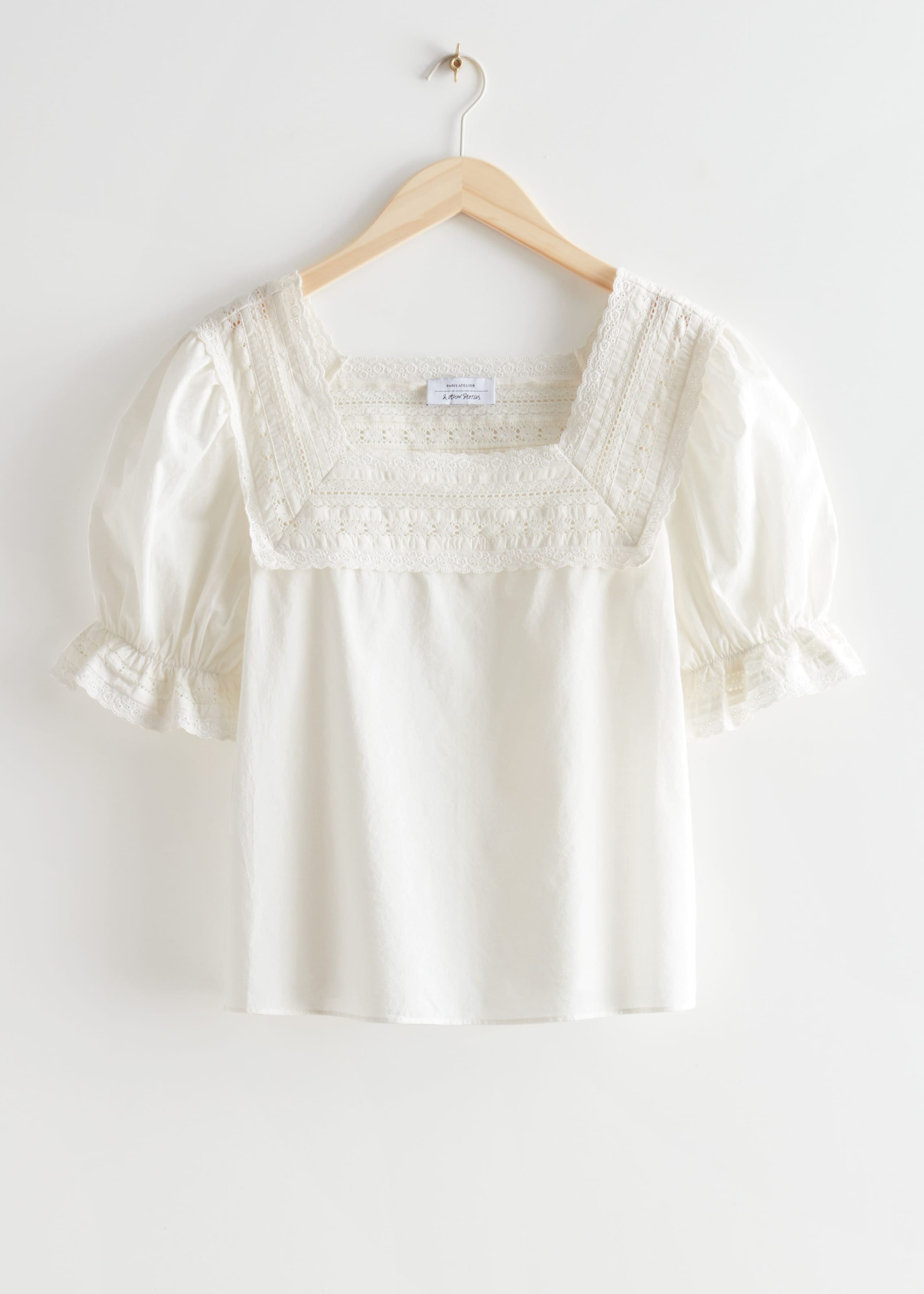 Lace Trim Puff Sleeve Blouse - White - Natura morta