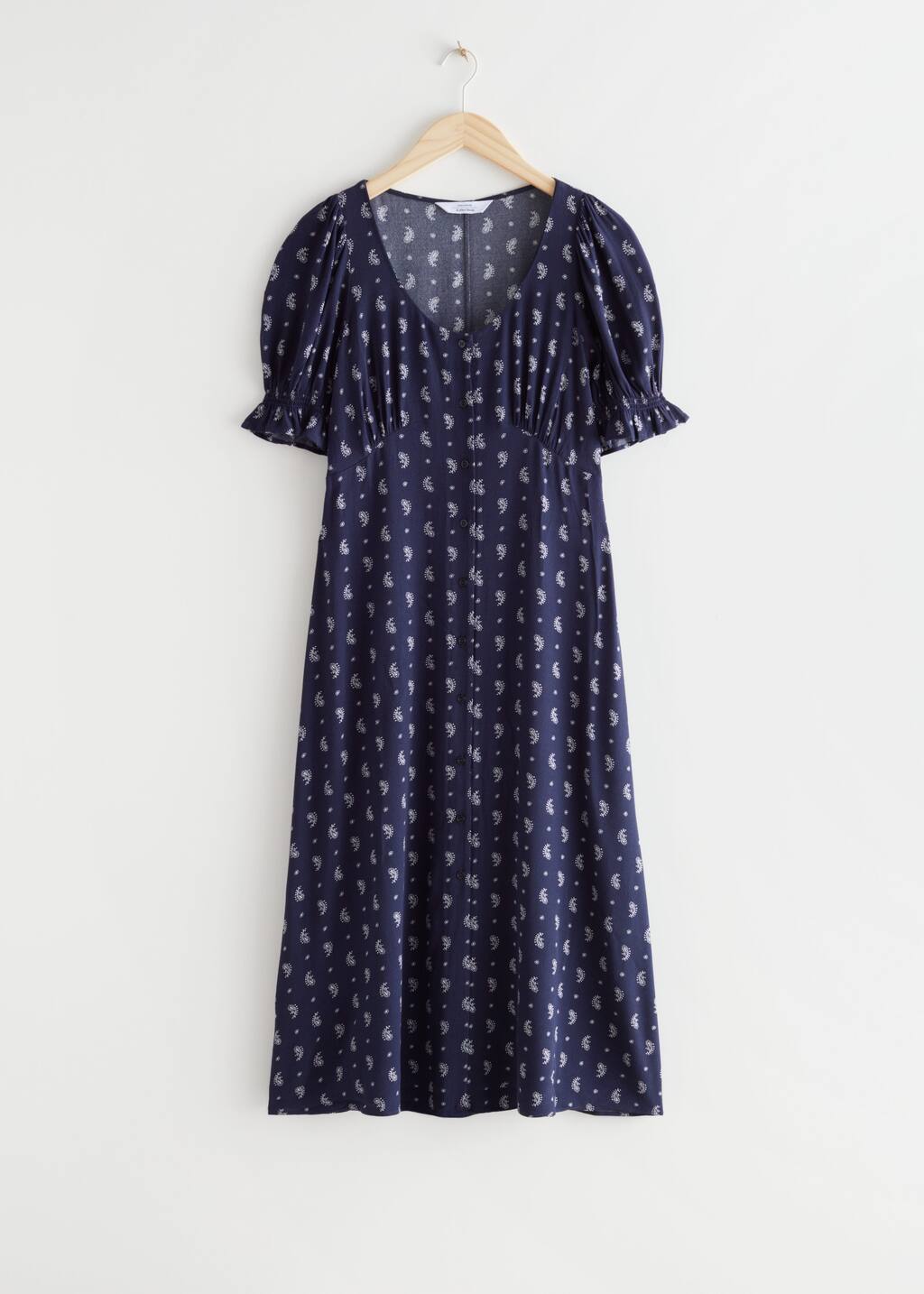 Printed Button Up Midi Dress - Navy Print - Bodegón