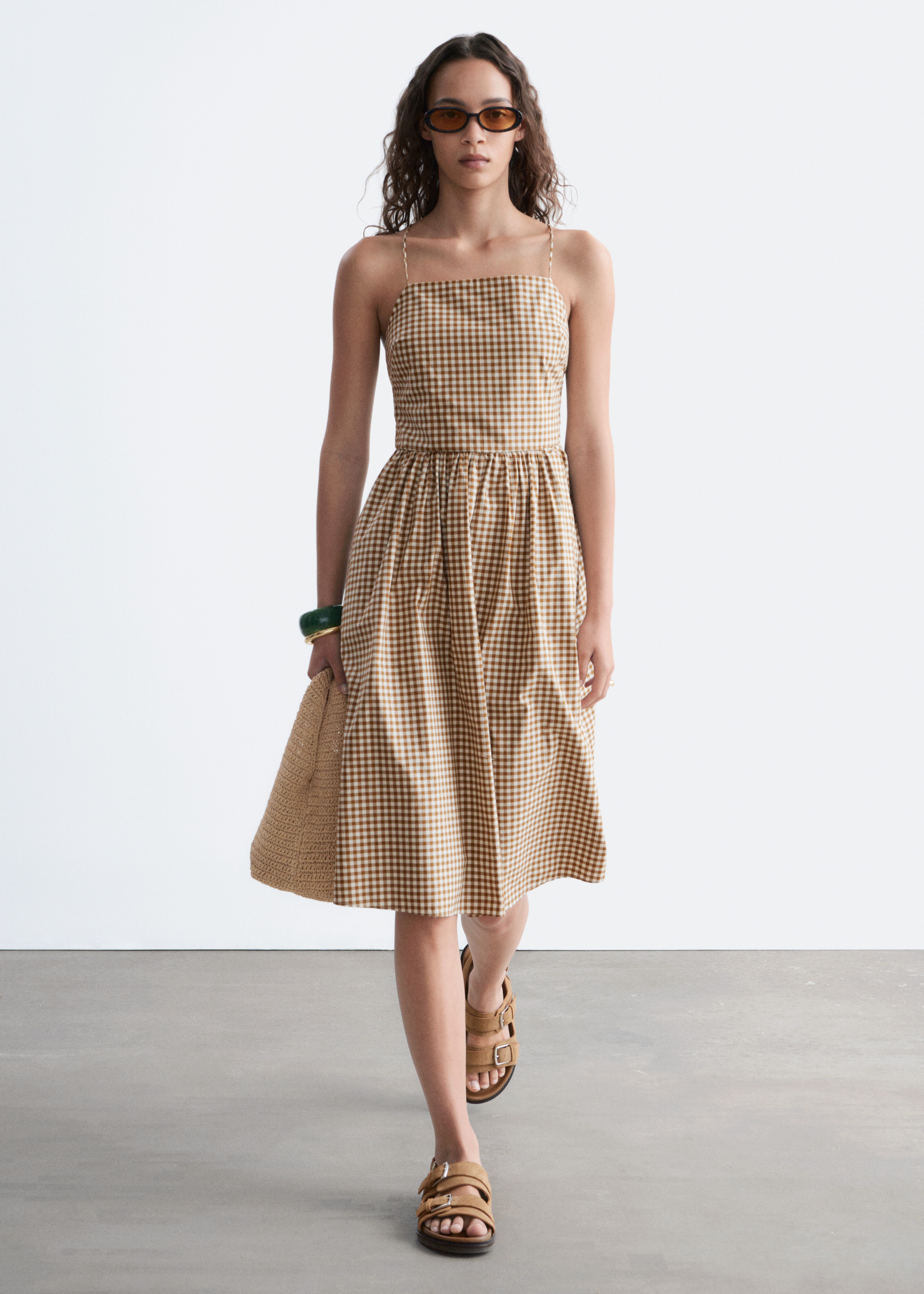 Cotton Midi Dress - Brown/Checked/Light Blue