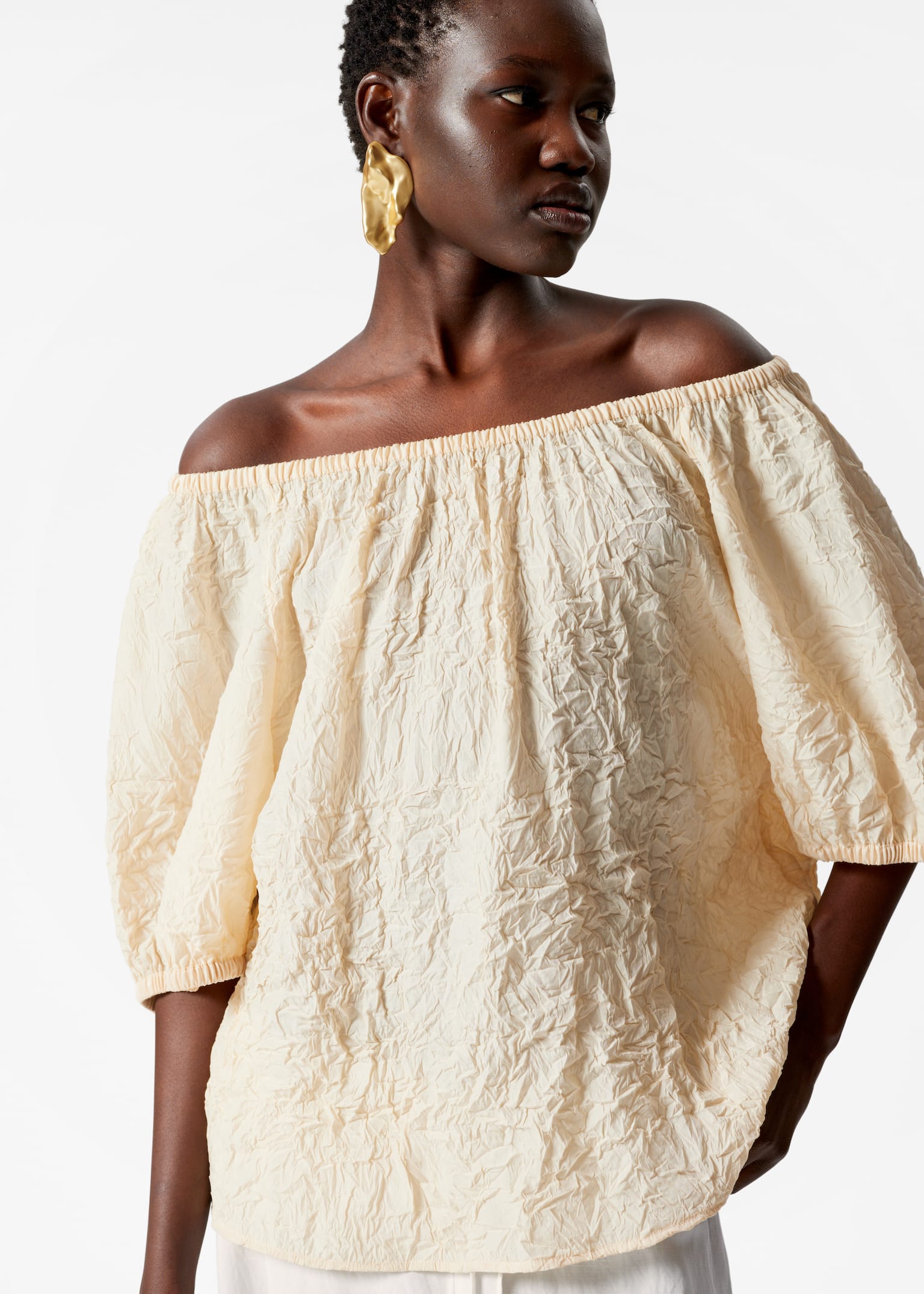 Textured Short-Sleeve Blouse - Bej/Albastru - 4