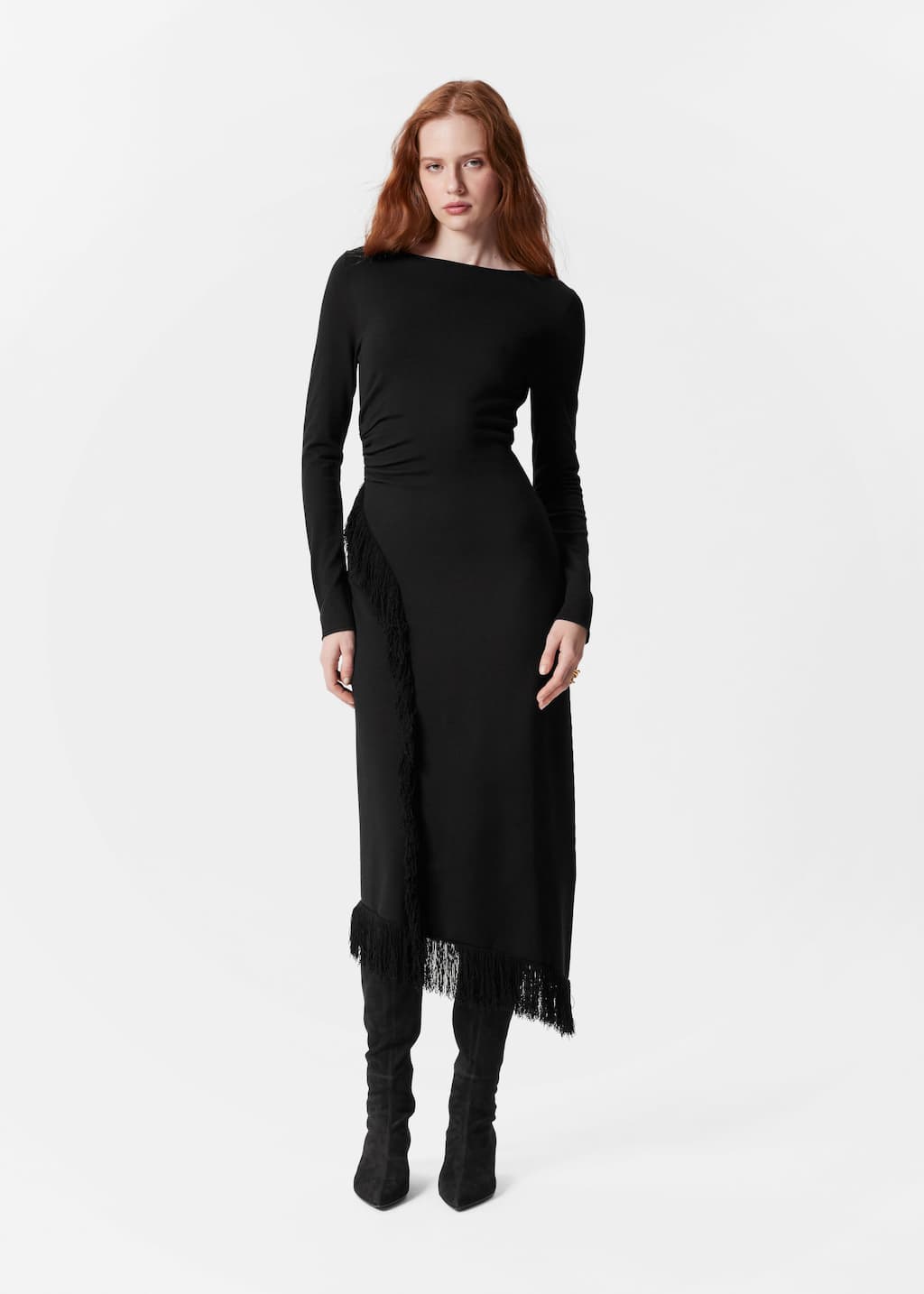 Image of Robe midi asymétrique à franges
