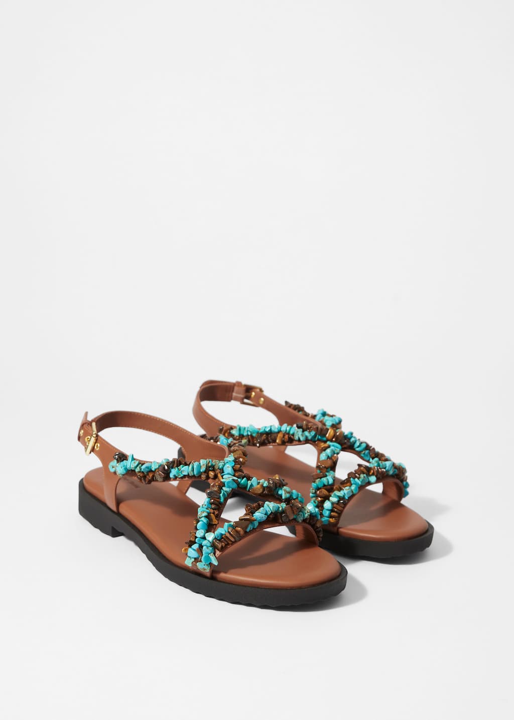 Beaded Leather Sandals - Brown/Turquoise - Still Life