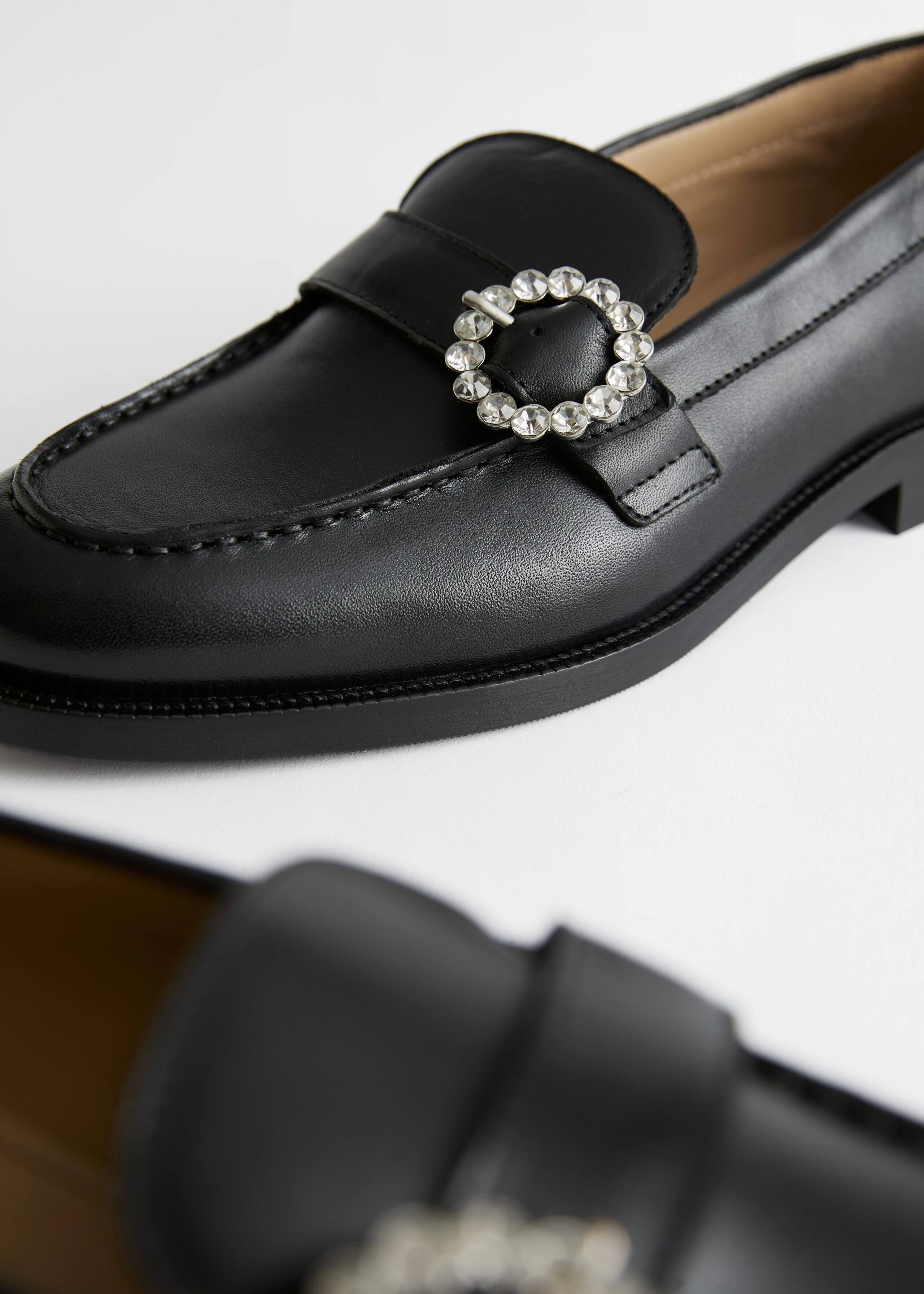 Image of Crystal Buckled Leather Loafers