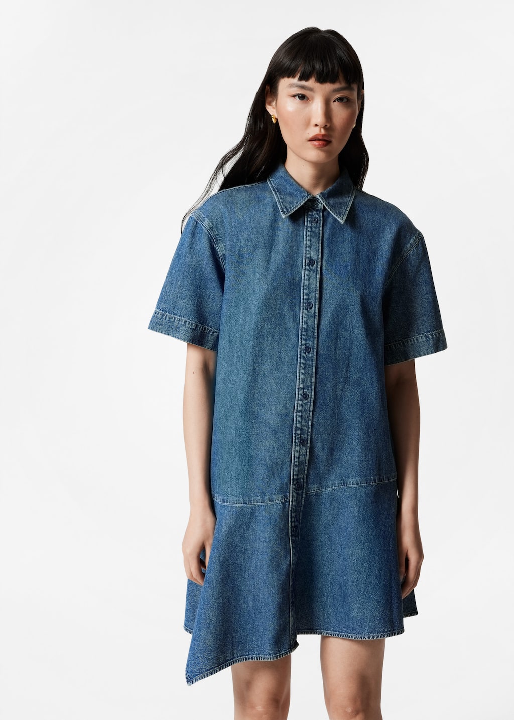 Asymmetrical T-Shirt Denim Dress - Blue - Lookbook