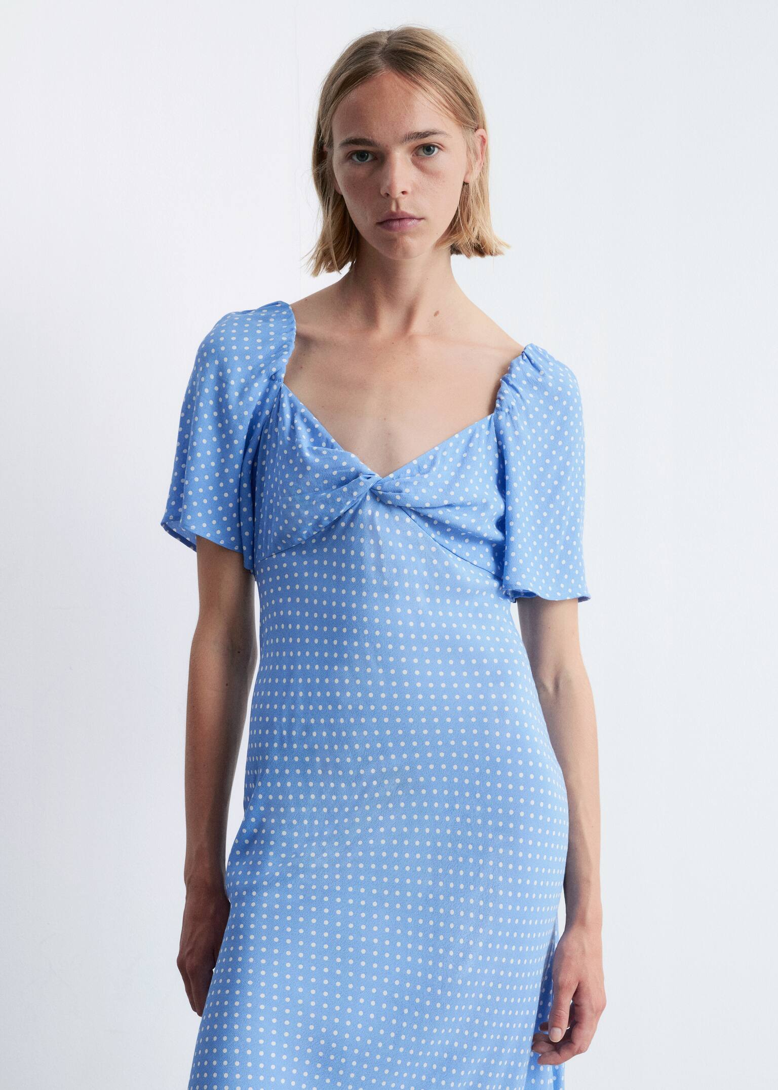 Vestido midi con mangas abullonadas - Lunares azul claro/Floral azul marino/blanco/Floral melocotón/verde - 4
