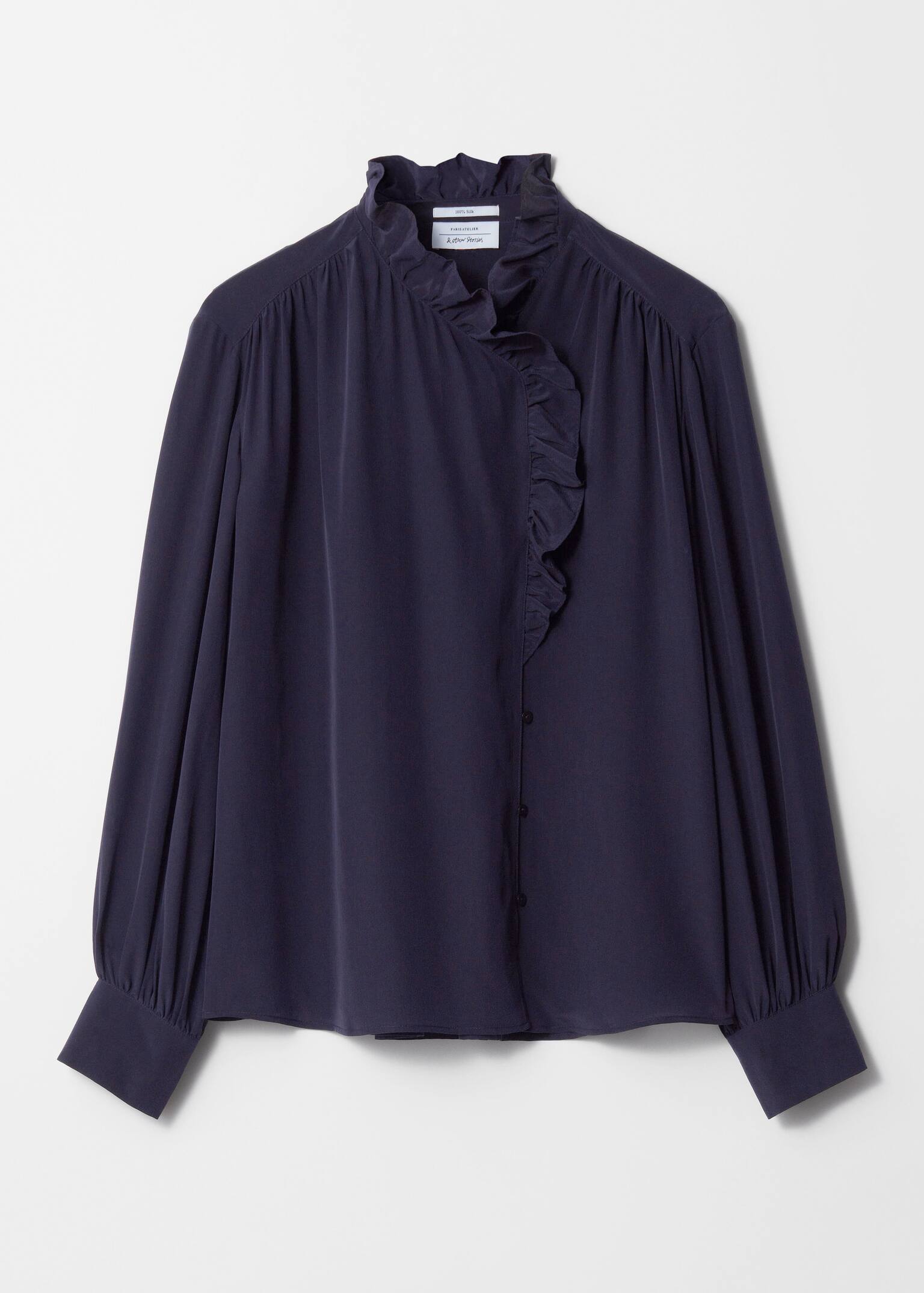 Zijden blouse met ruches - Marineblauw