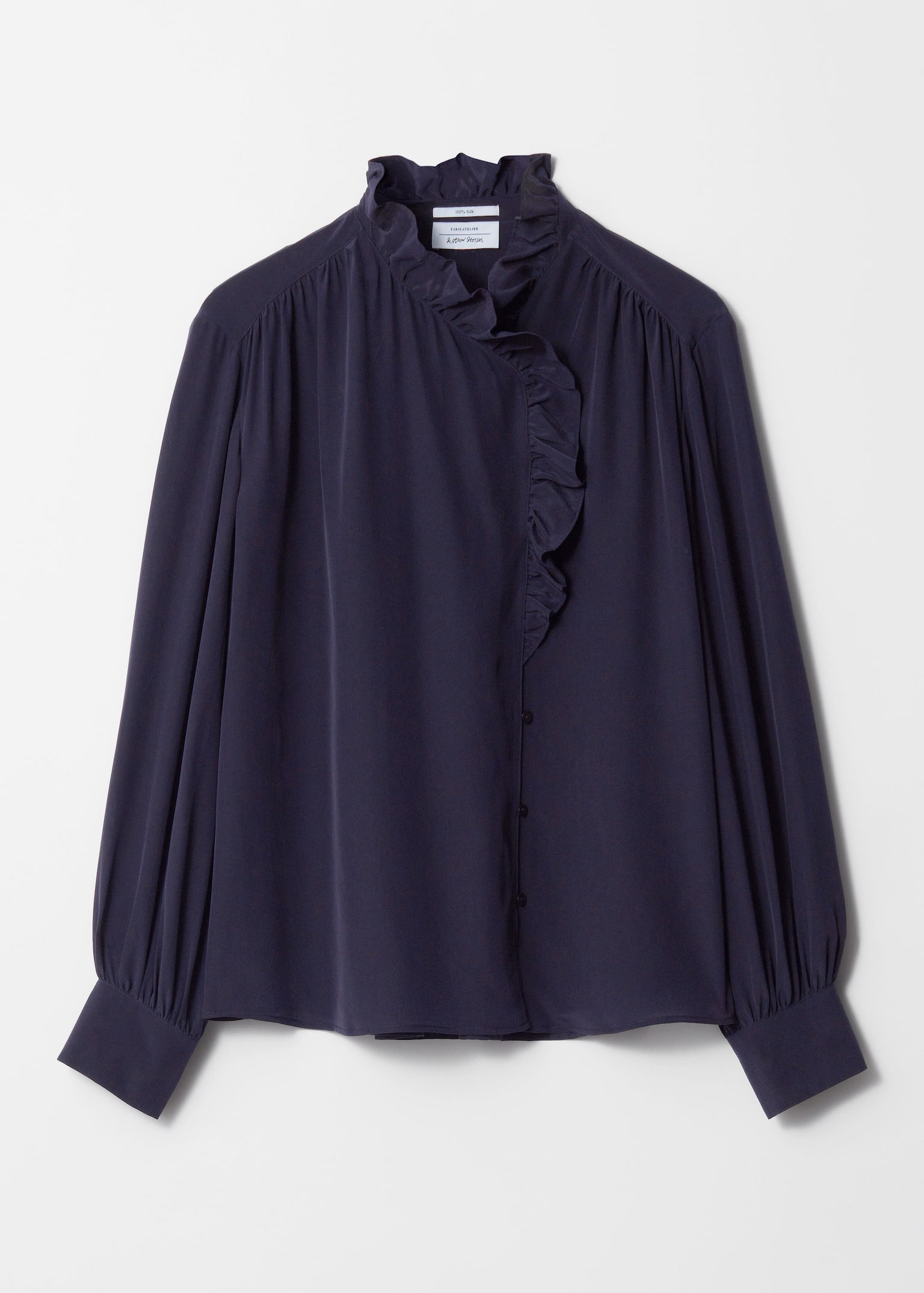 Seidenbluse mit Rüschen - Navyblau