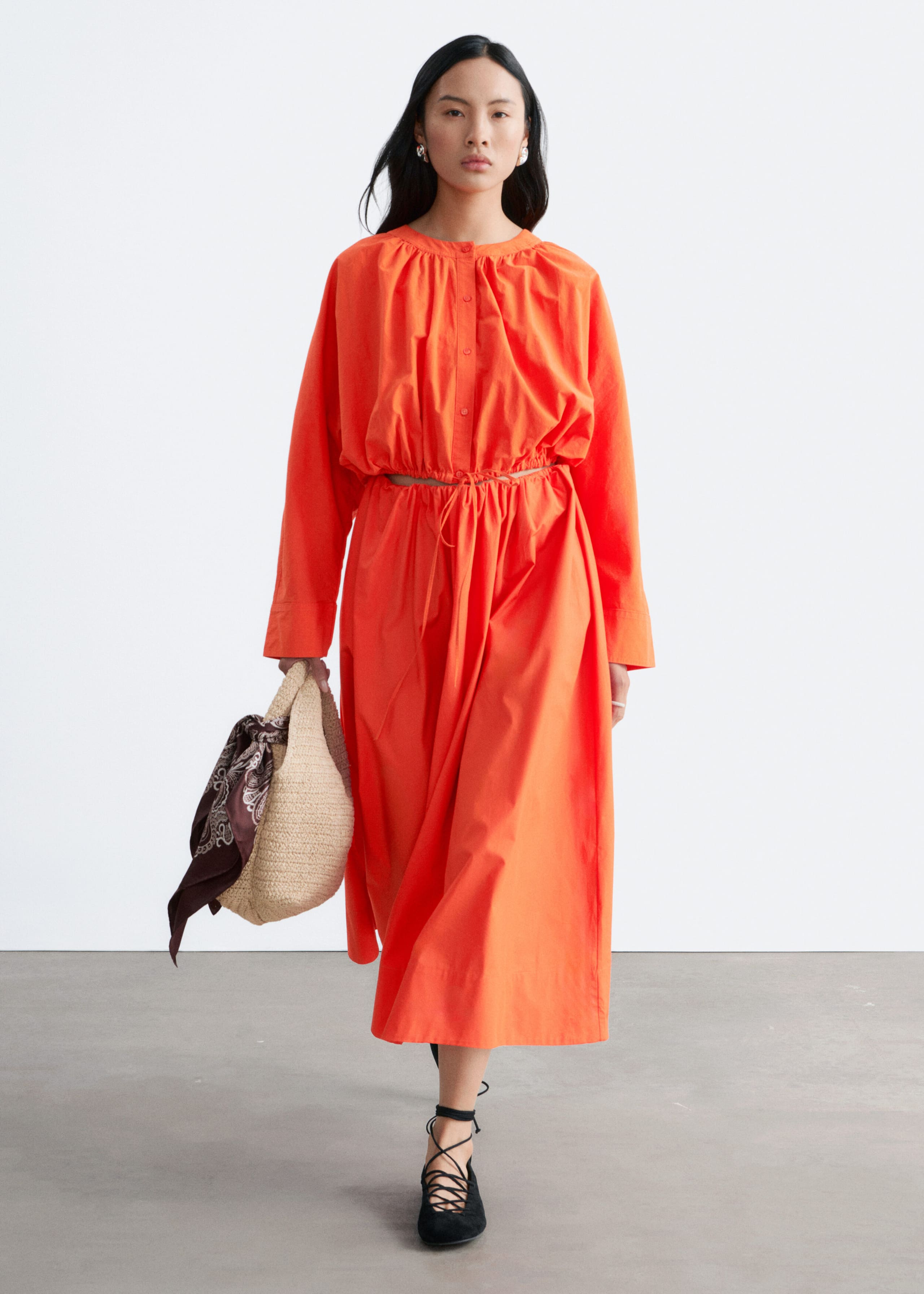 Gathered Cropped Blouse - Bright Orange - Lookbook