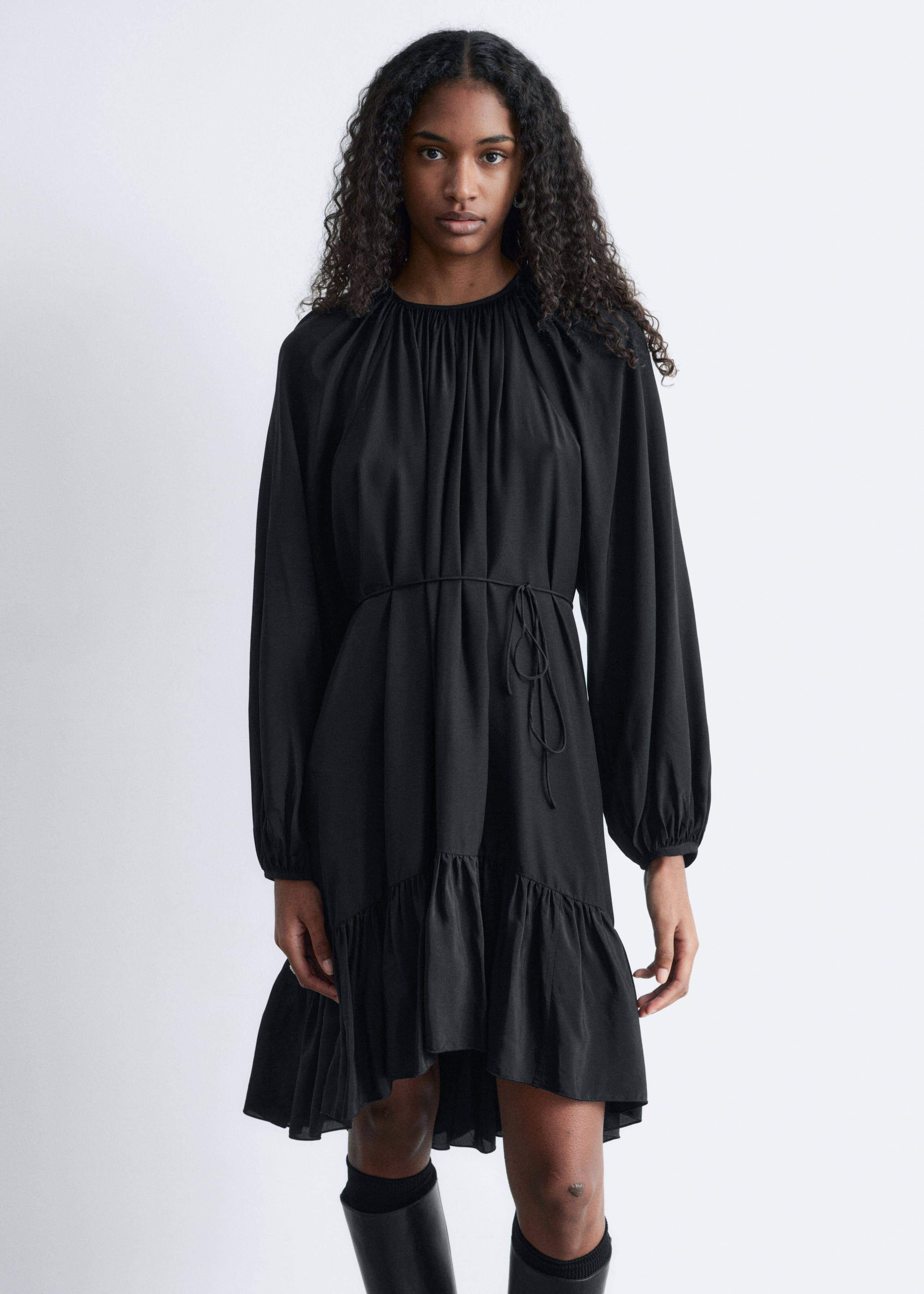 Image of Flounced Balloon-Sleeve Mini Dress