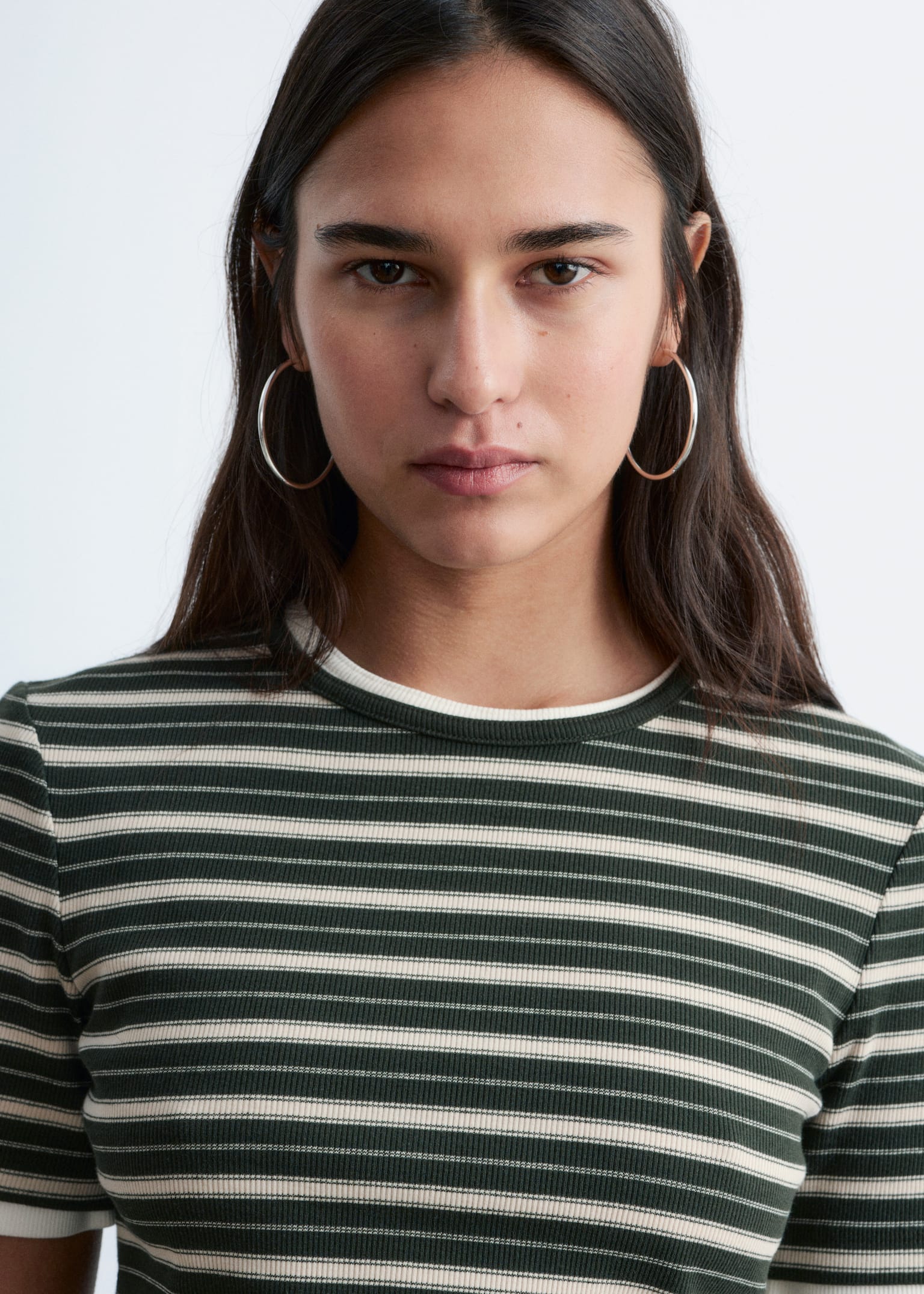 Ribbed T-shirt - Dark Green/Beige Stripes/White - 1