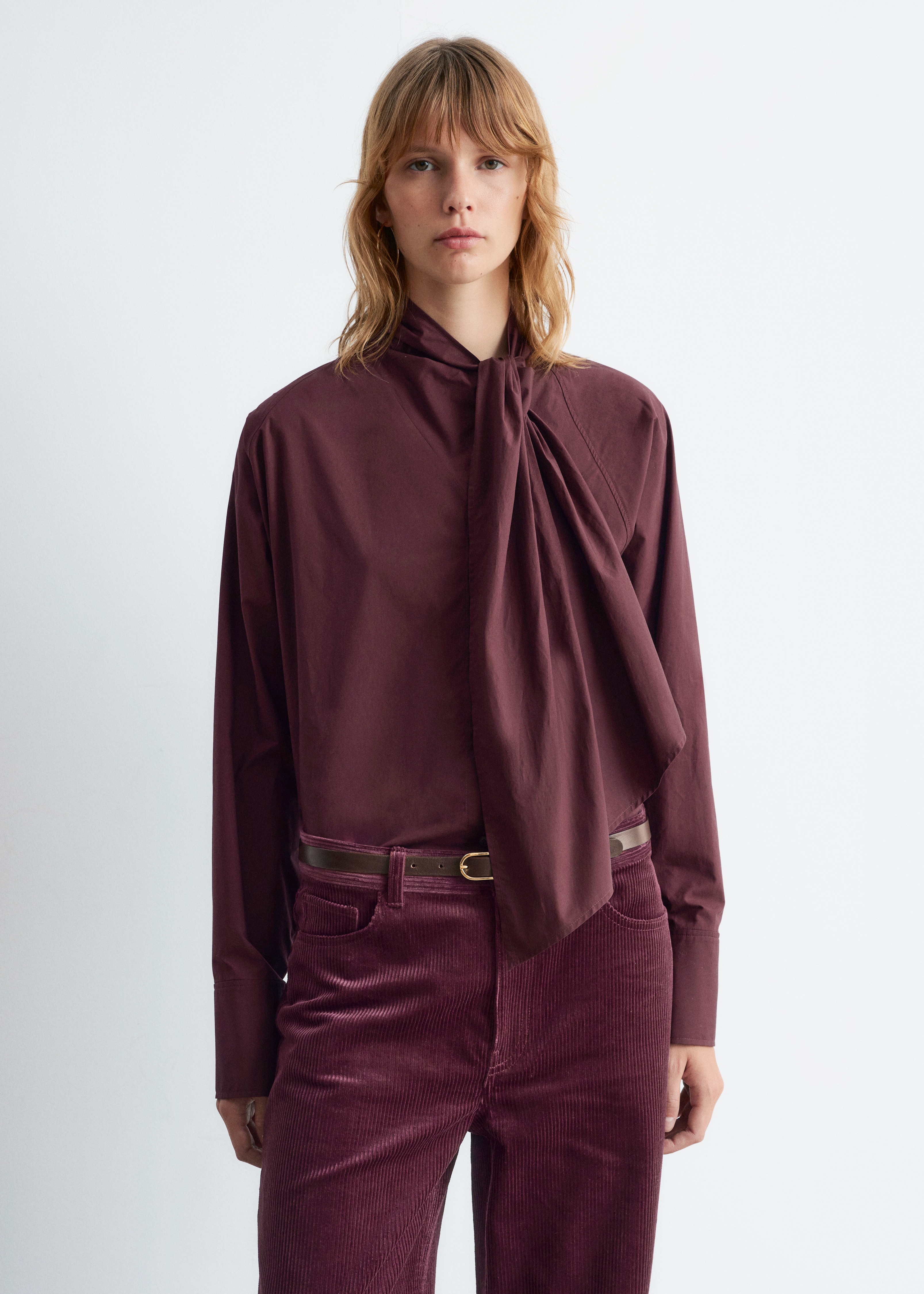 Риза с шал - Тъмночервени/Бежови райета