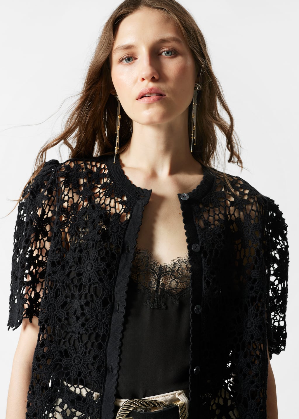 Short-Sleeve Crochet Cardigan - Black - Lookbook