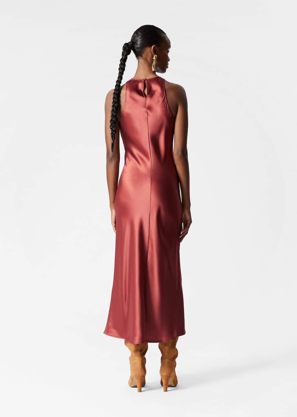Robe midi en satin sans manches - Noir - Lookbook