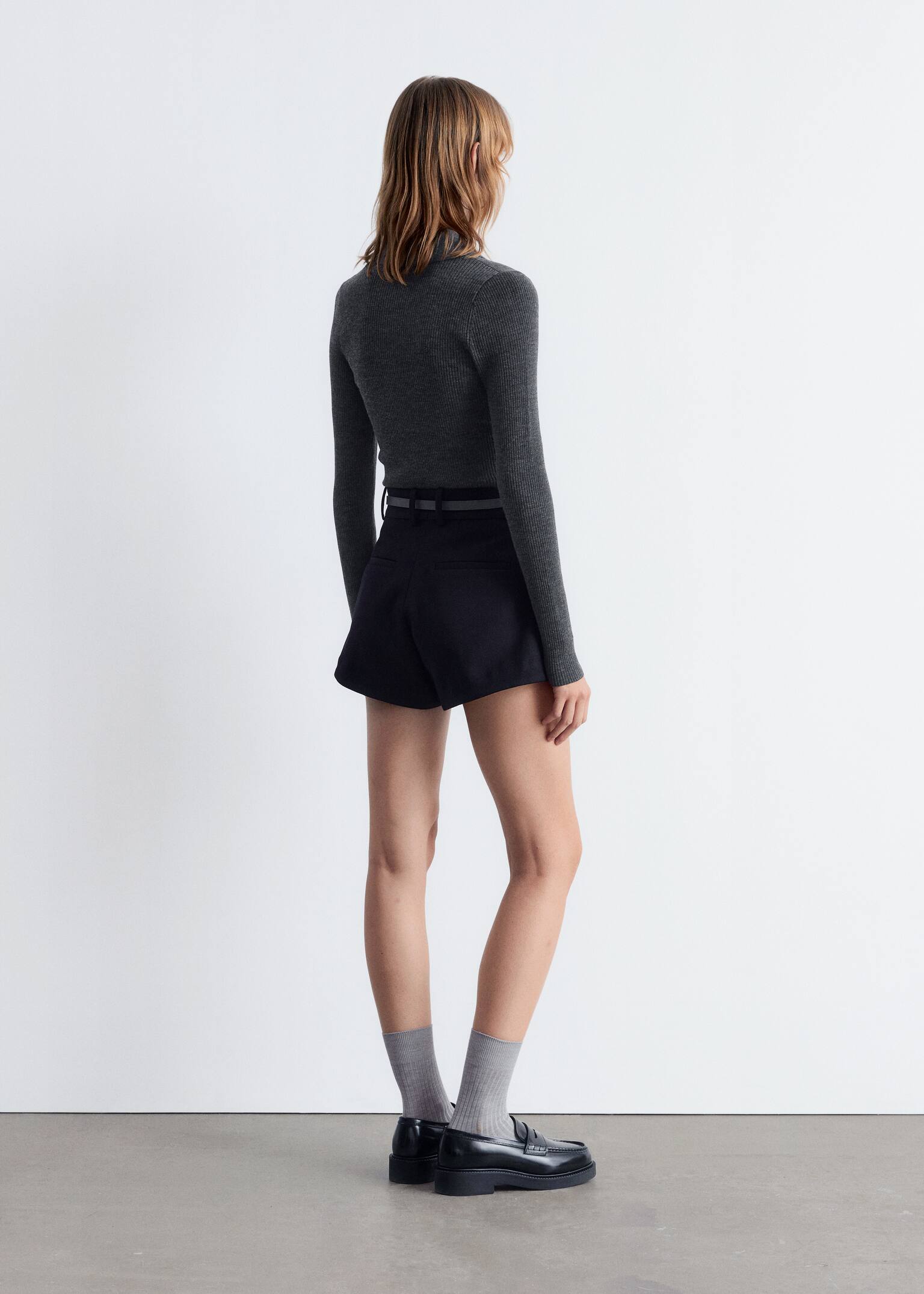 Long-Sleeve Merino Wool Polo Top - Dark Grey/Cream White - 6