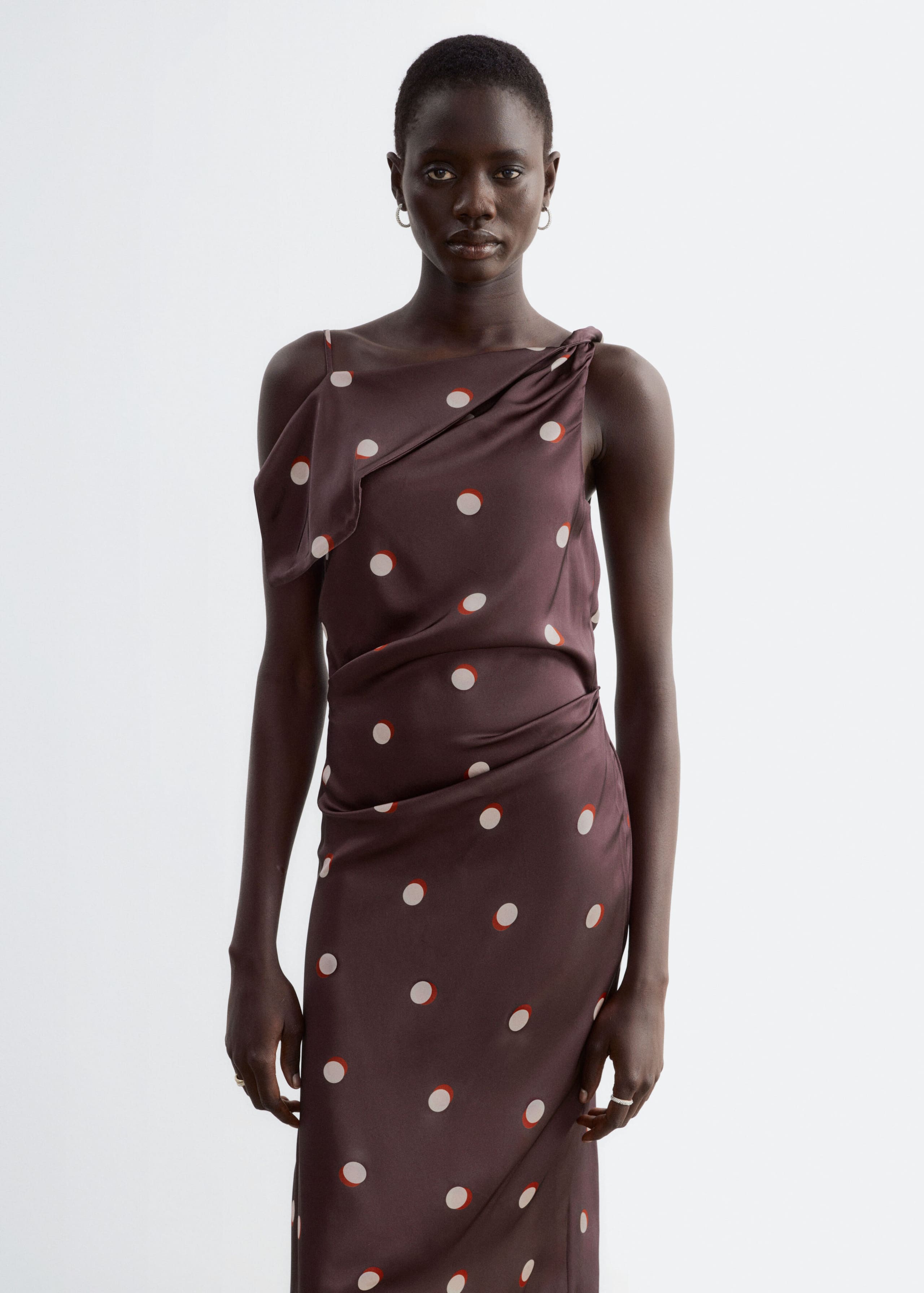 Asymmetric Satin Dress Dark Red/Dots