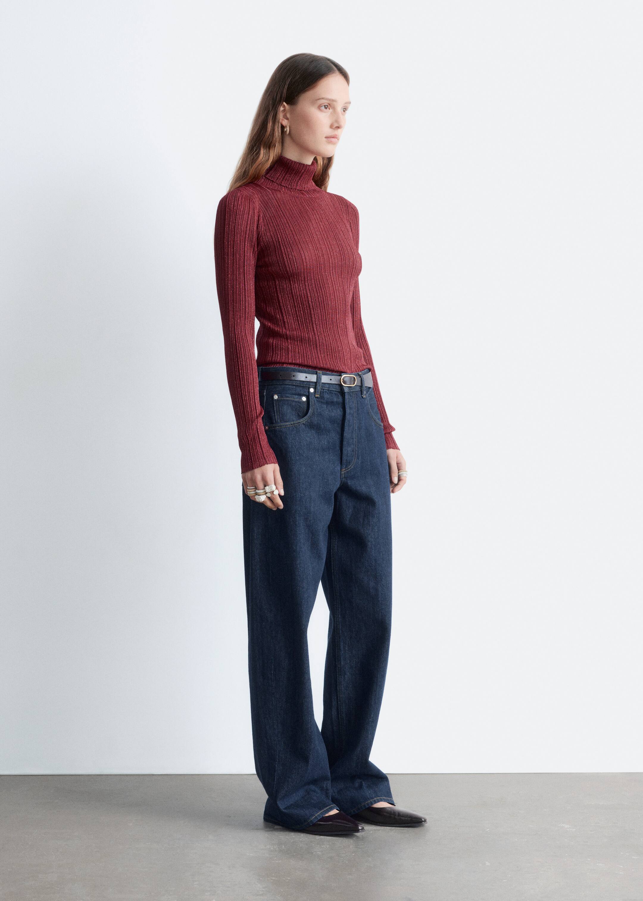 Visa större bild: Ribbstickad lurexpolo - Mörkröd - DAM | H&M FI 4