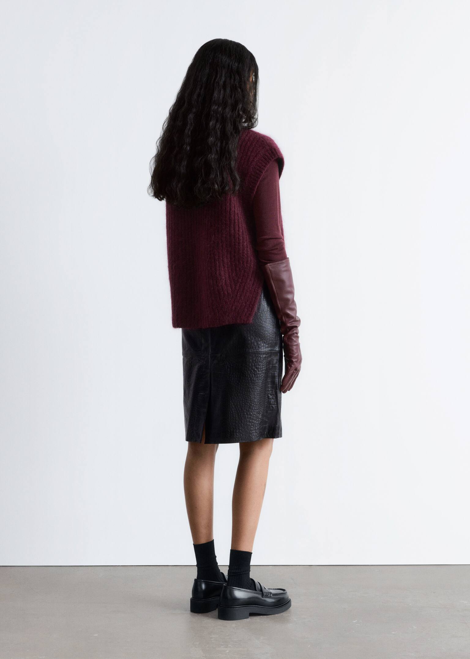 Knitted Mohair-Blend V-Neck Vest - Burgundy/Mustard Yellow - 6
