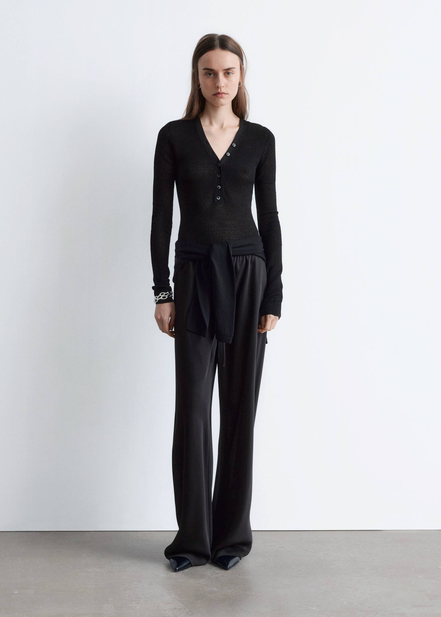 Long-Sleeve Pointelle-Knit Bodysuit - Black - 6