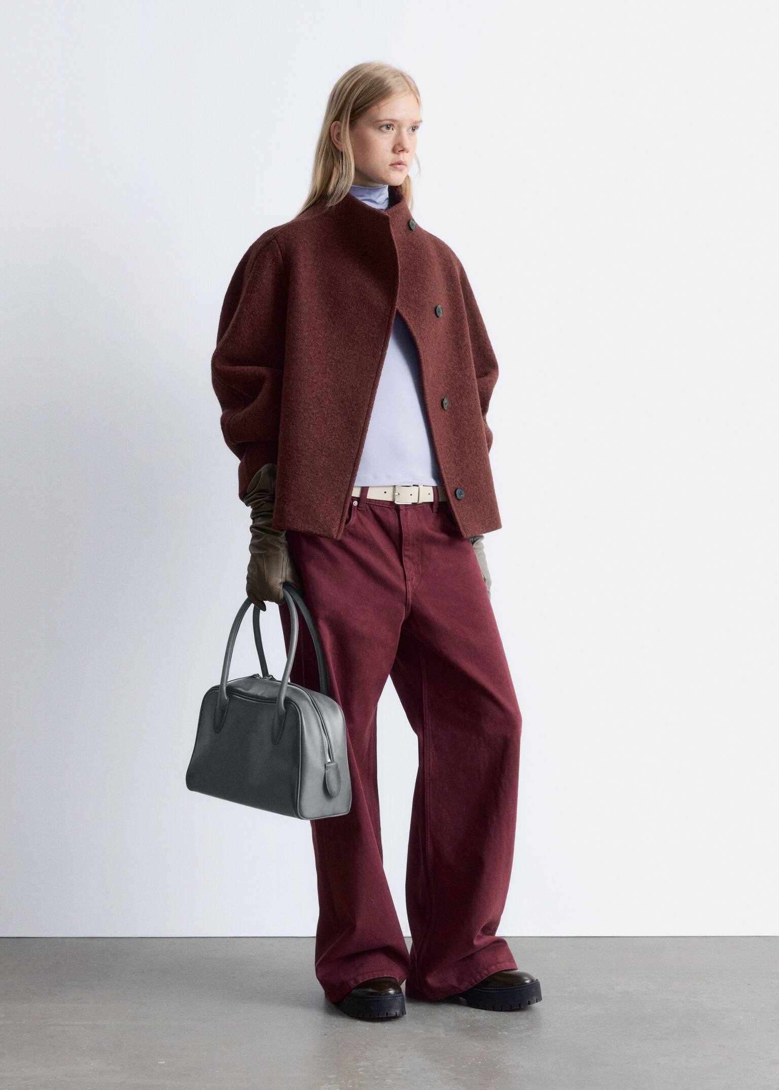 Asymmetric Wool Jacket - Tmavě červená/Mole/Černá - 7