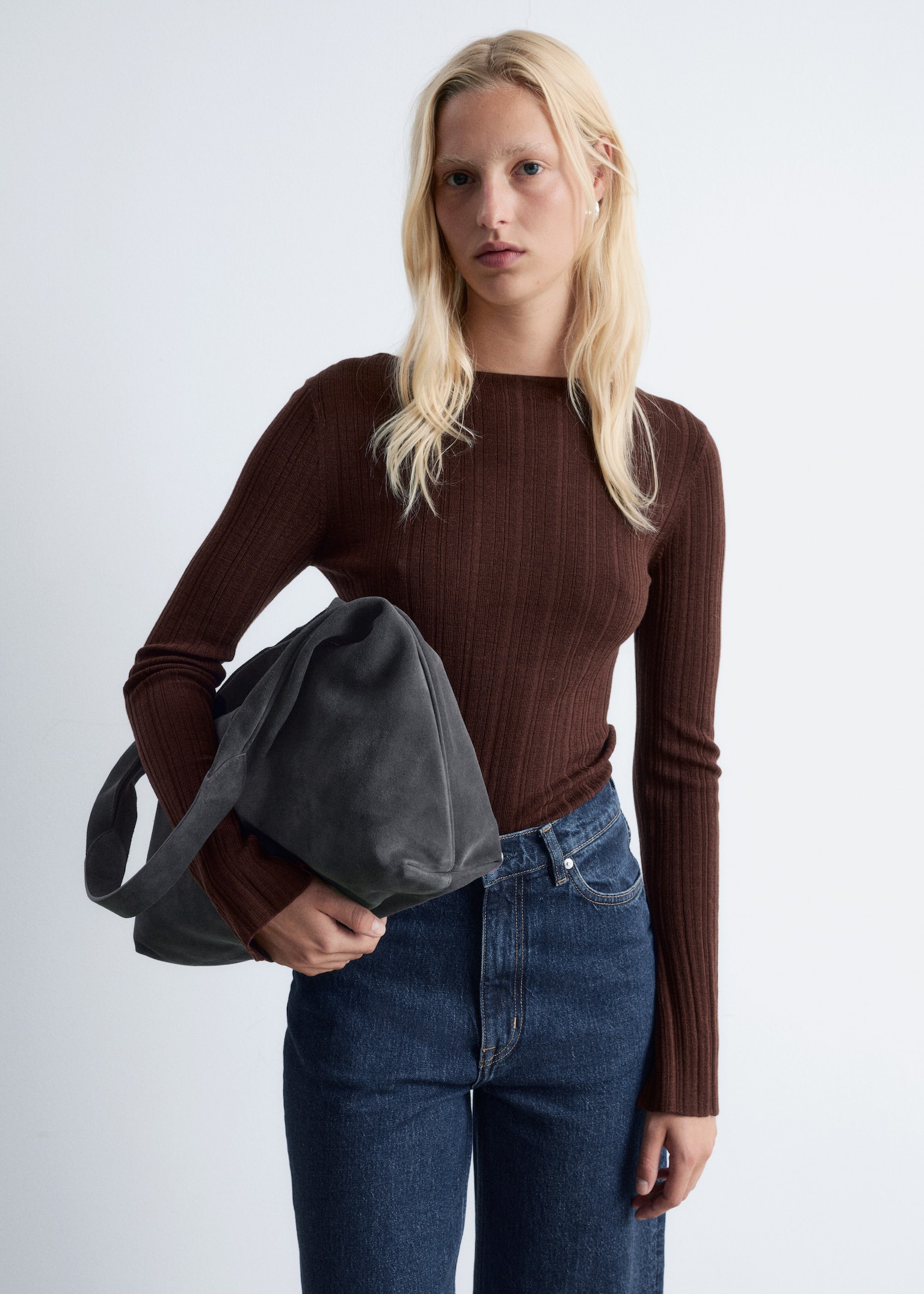 Rib-Knit Wool Boatneck Top - Dark Brown/Dark Red - 3