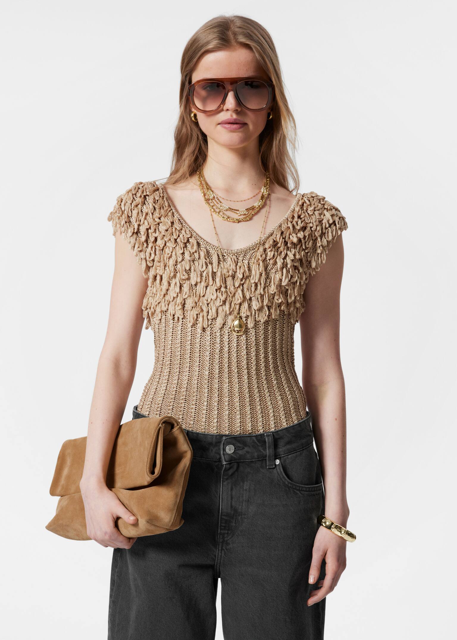 Top de punto de canalé con flecos - Beige/Negro